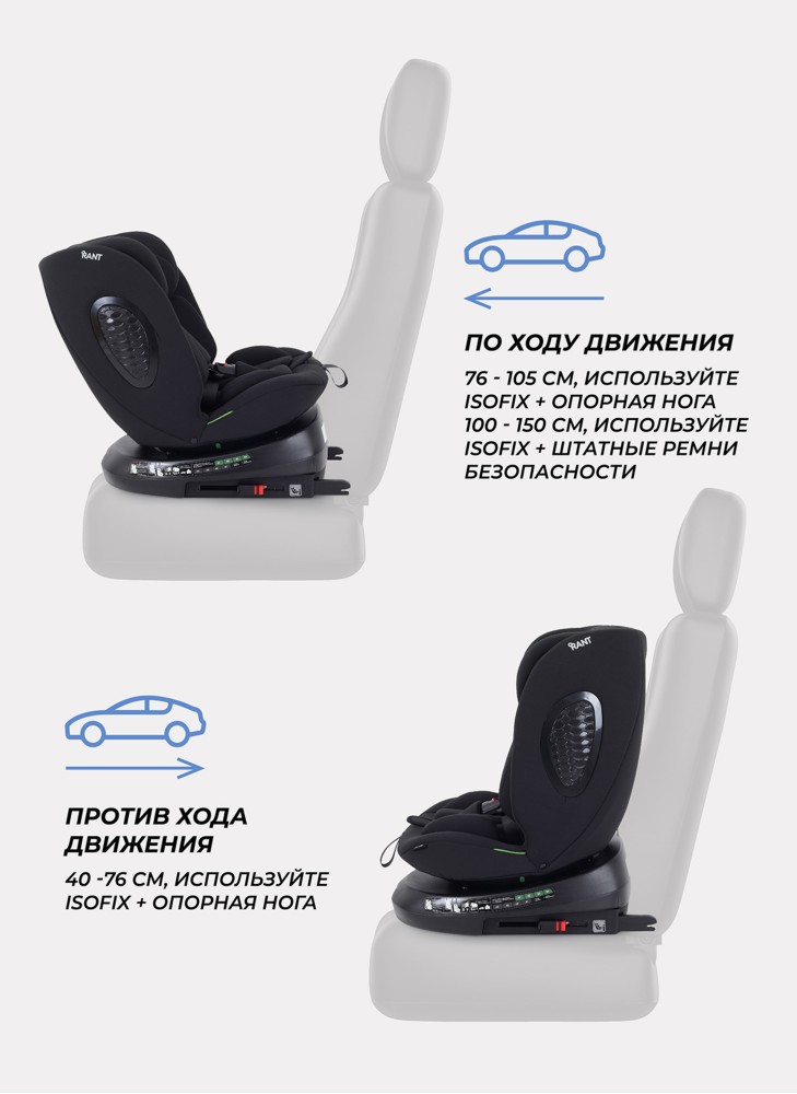 Детское автокресло Rant Helix Isofix для роста 40-150 см | Черное | Группа 0-1-2-3 (до 36 кг) | С поворотной базой