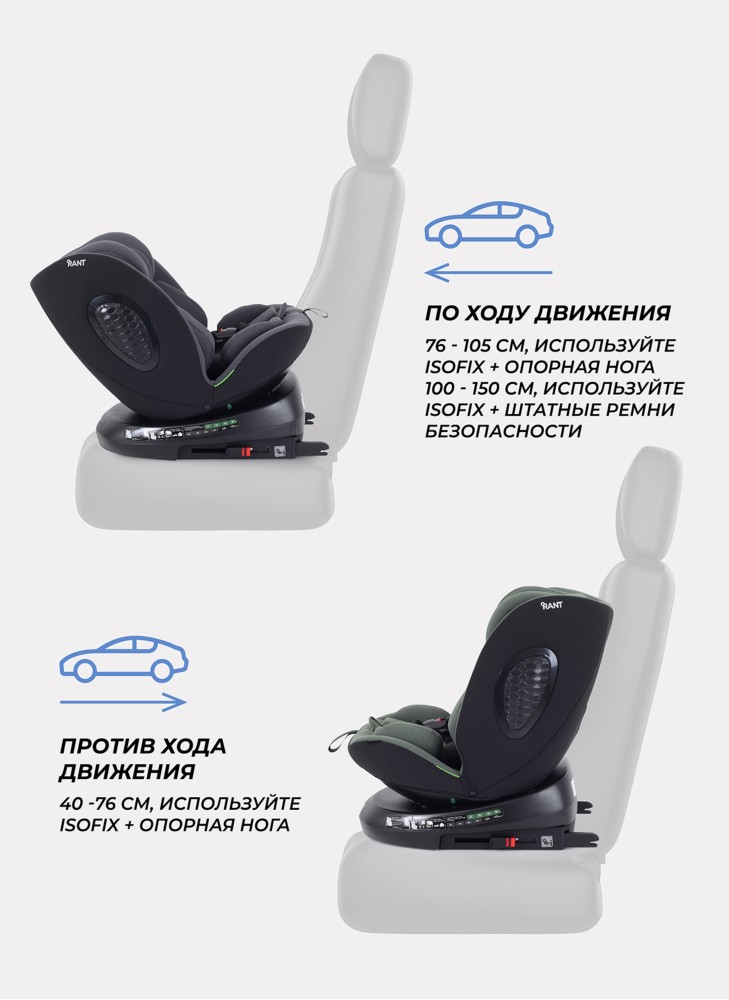 Детское автокресло Rant Helix Isofix для роста 40-150 см | Серая | Группа 0-1-2-3 (до 36 кг) | С поворотной базой