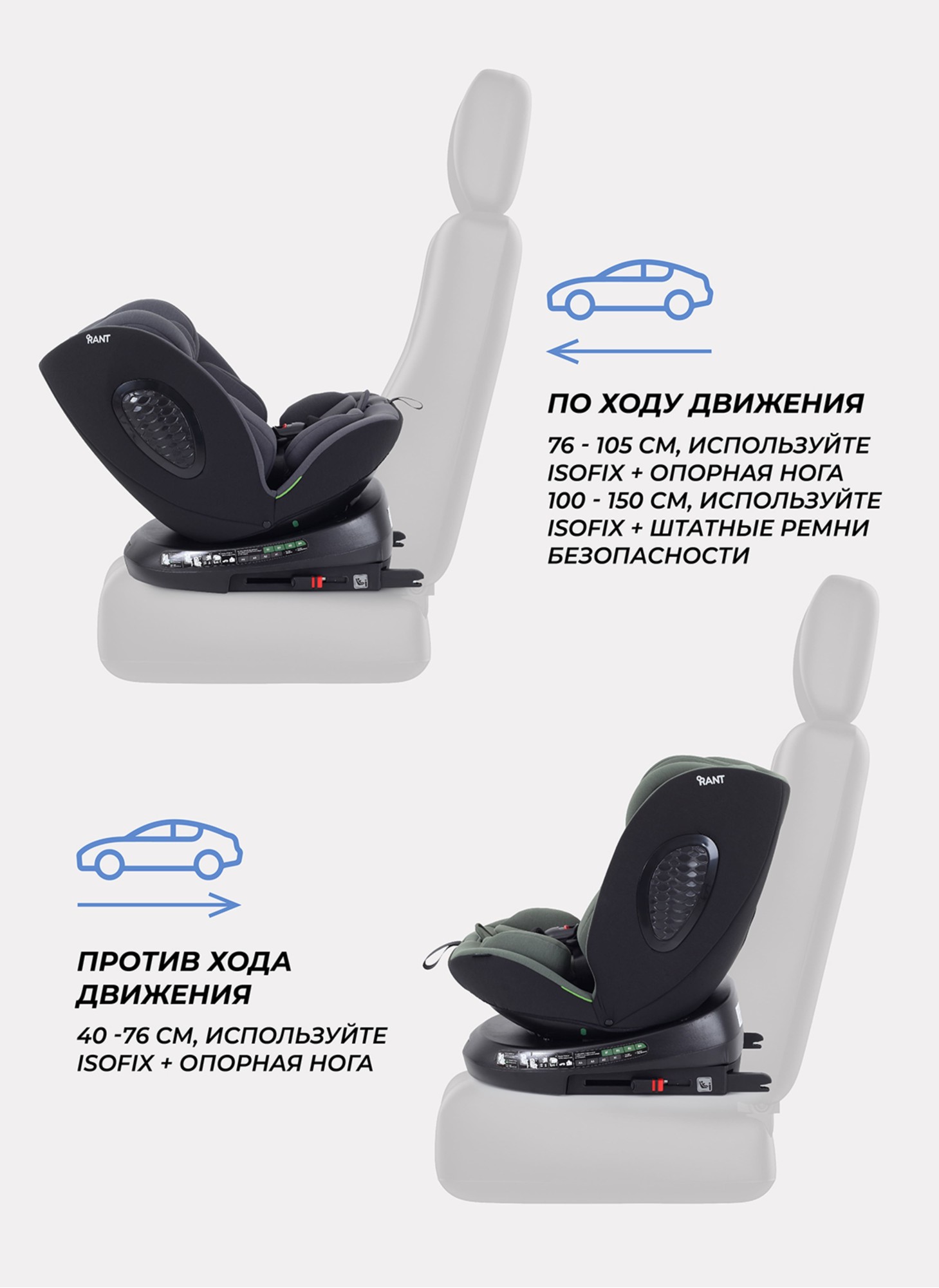 Детское автокресло Rant Helix Isofix для роста 40-150 см | Серая | Группа 0-1-2-3 (до 36 кг) | С поворотной базой