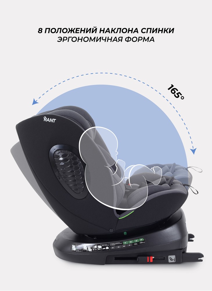 Детское автокресло Rant Helix Isofix для роста 40-150 см | Серая | Группа 0-1-2-3 (до 36 кг) | С поворотной базой