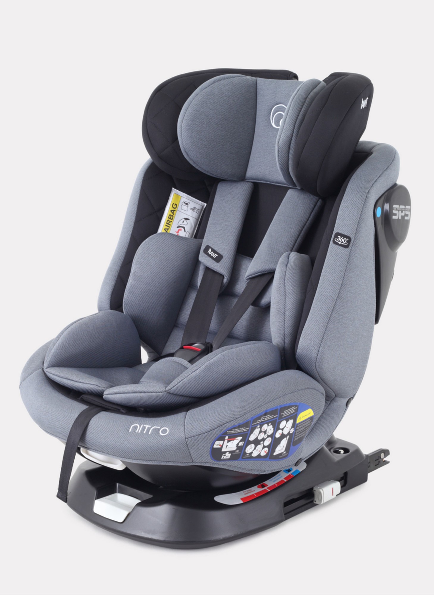 Детское автокресло Rant Nitro Isofix| Рост детей 40-145 см | Черное/Серое | Группа 0-1-2-3 (0 - 36 кг) | С поворотной базой на 360
