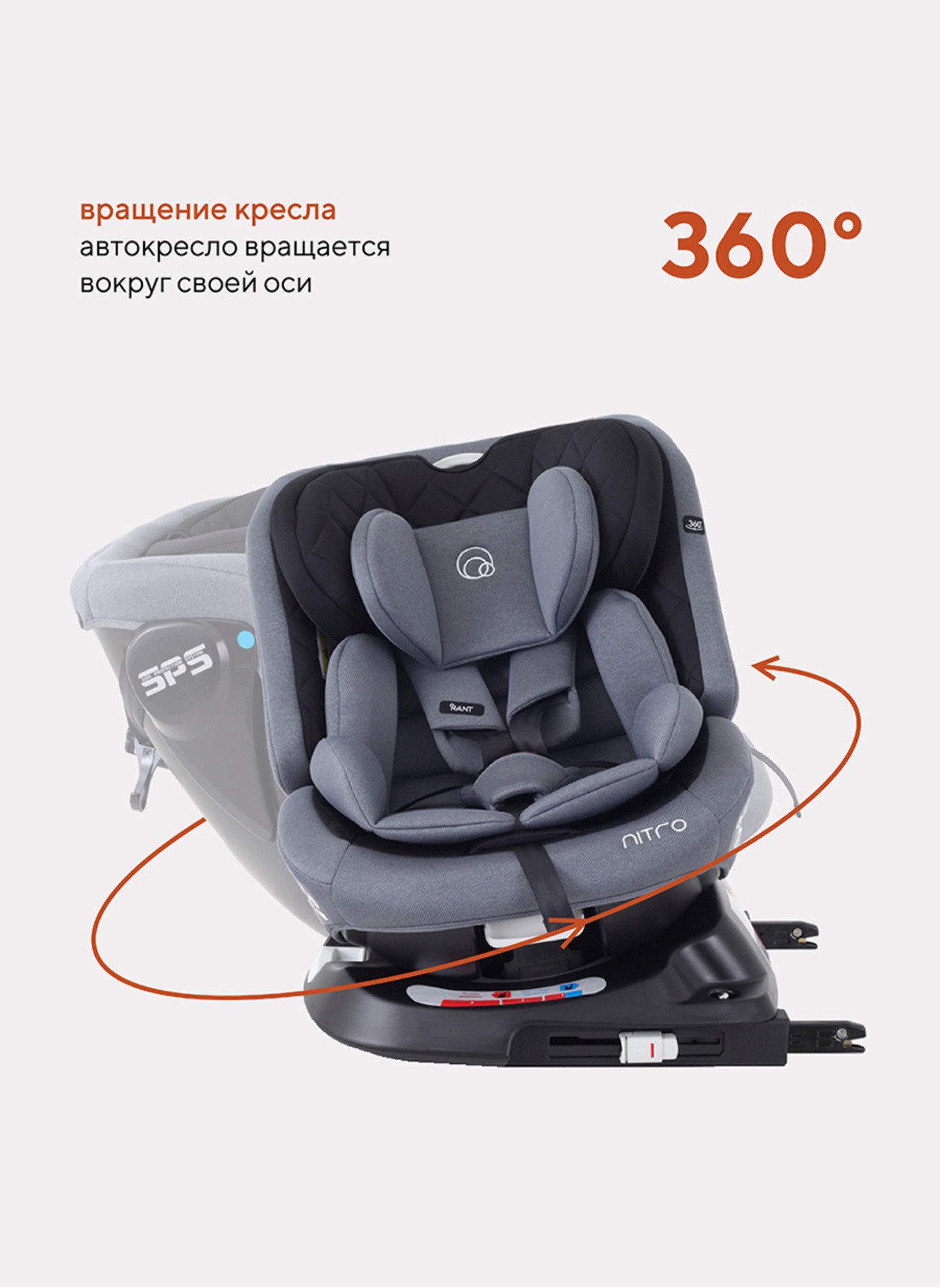 Детское автокресло Rant Nitro Isofix| Рост детей 40-145 см | Черное/Серое | Группа 0-1-2-3 (0 - 36 кг) | С поворотной базой на 360