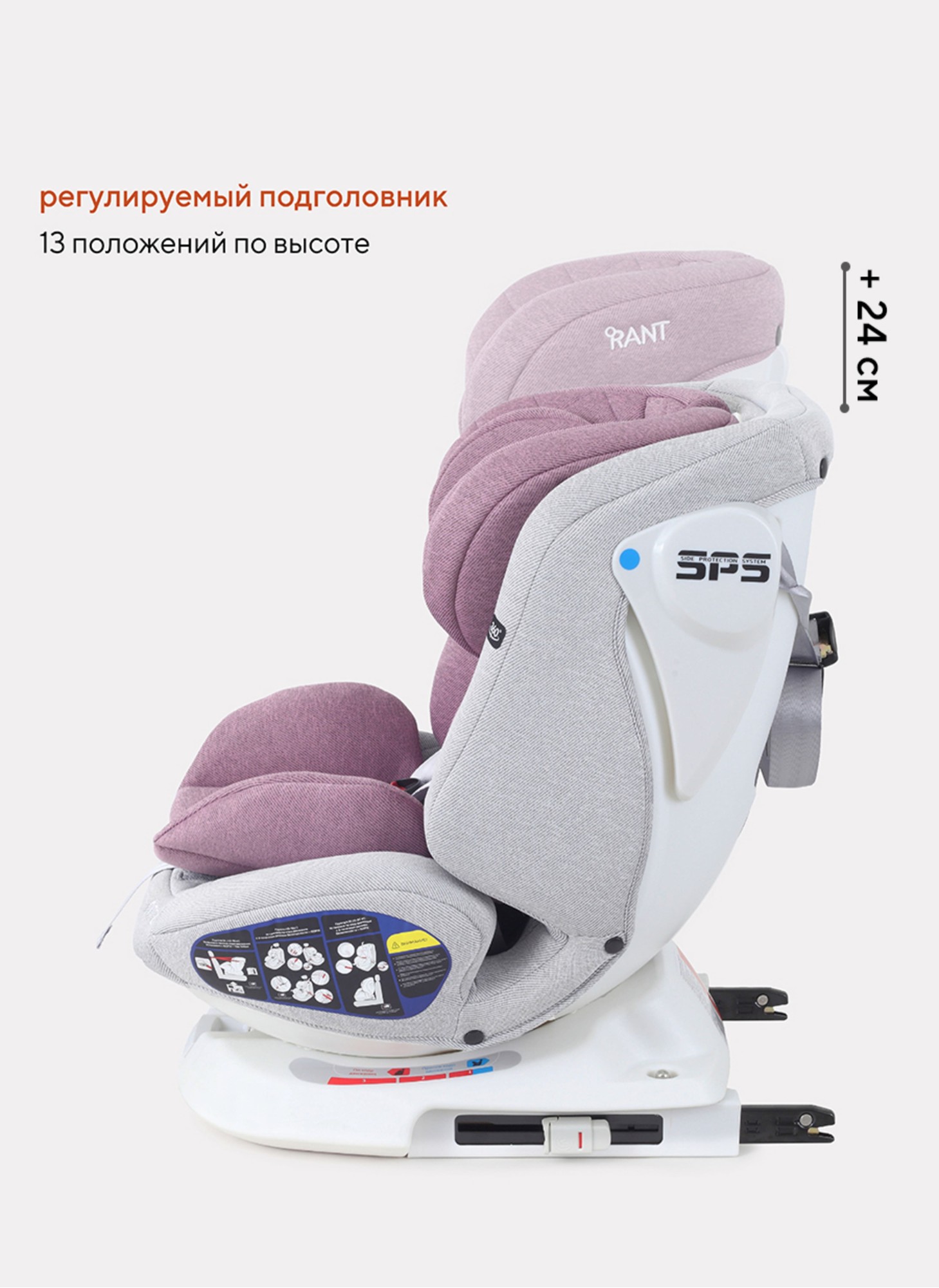 Детское автокресло Rant Nitro Isofix| Рост детей 40-145 см | Серый и Розовый | Группа 0-1-2-3 (0 - 36 кг) | С поворотной базой на 360