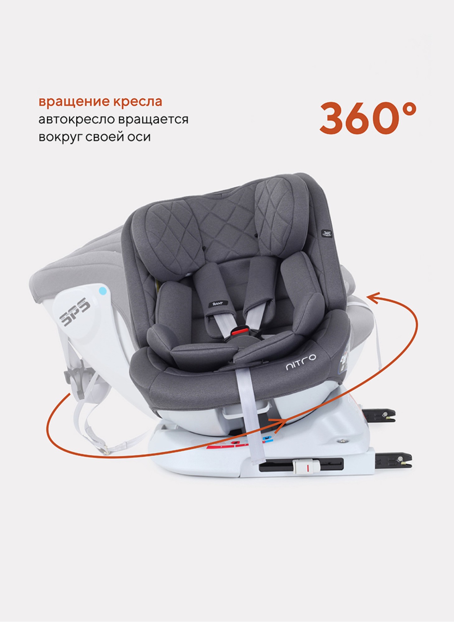 Детское автокресло Rant Nitro Isofix| Рост детей 40-145 см | Серое | Группа 0-1-2-3 (0 - 36 кг) | С поворотной базой на 360