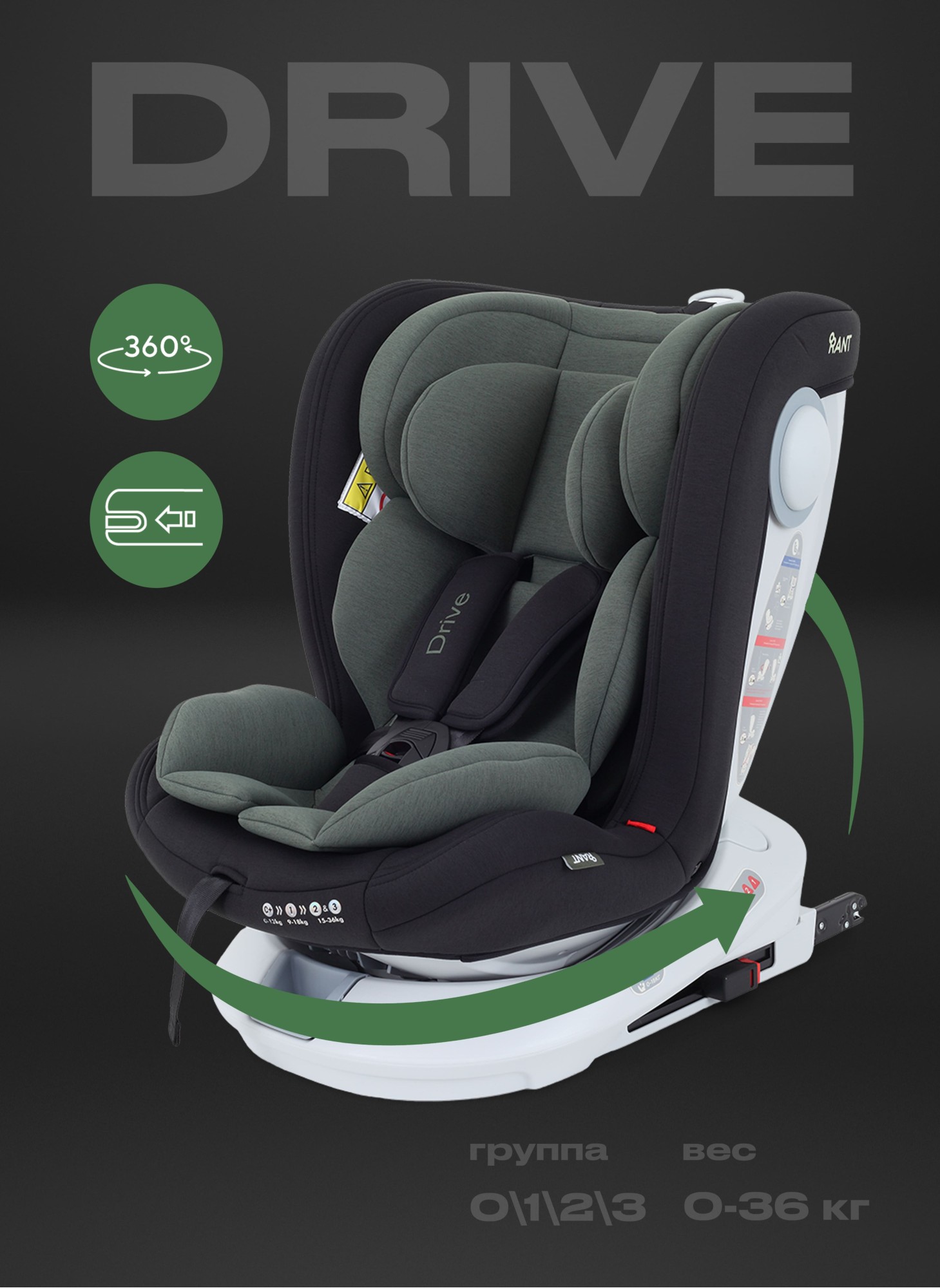 Детское автокресло Rant Drive Isofix для роста 40-150 см | Зеленое | Группа 0-1-2-3 (0 - 36 кг) | С поворотной базой на 360