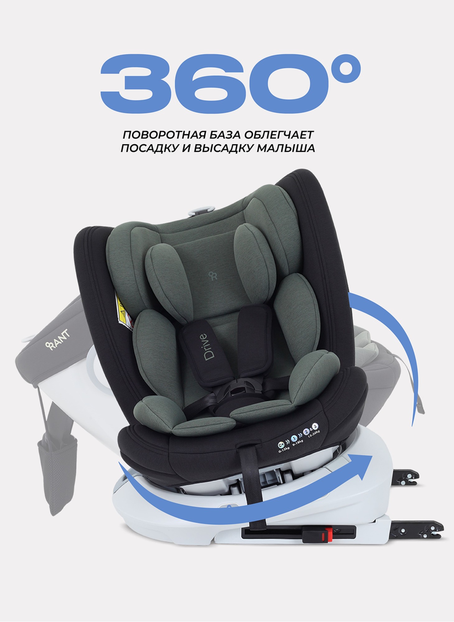Детское автокресло Rant Drive Isofix для роста 40-150 см | Зеленое | Группа 0-1-2-3 (0 - 36 кг) | С поворотной базой на 360
