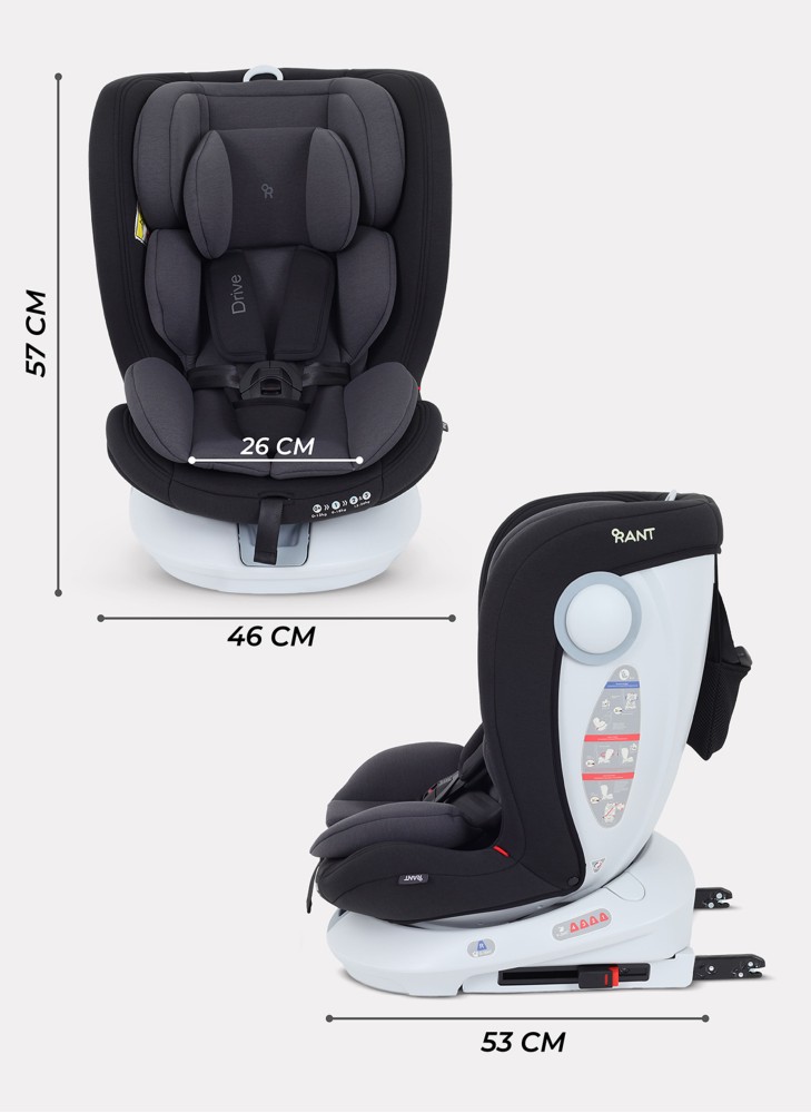 Детское автокресло Rant Drive Isofix для роста 40-150 см | Серое | Группа 0-1-2-3 (0 - 36 кг) | С поворотной базой на 360