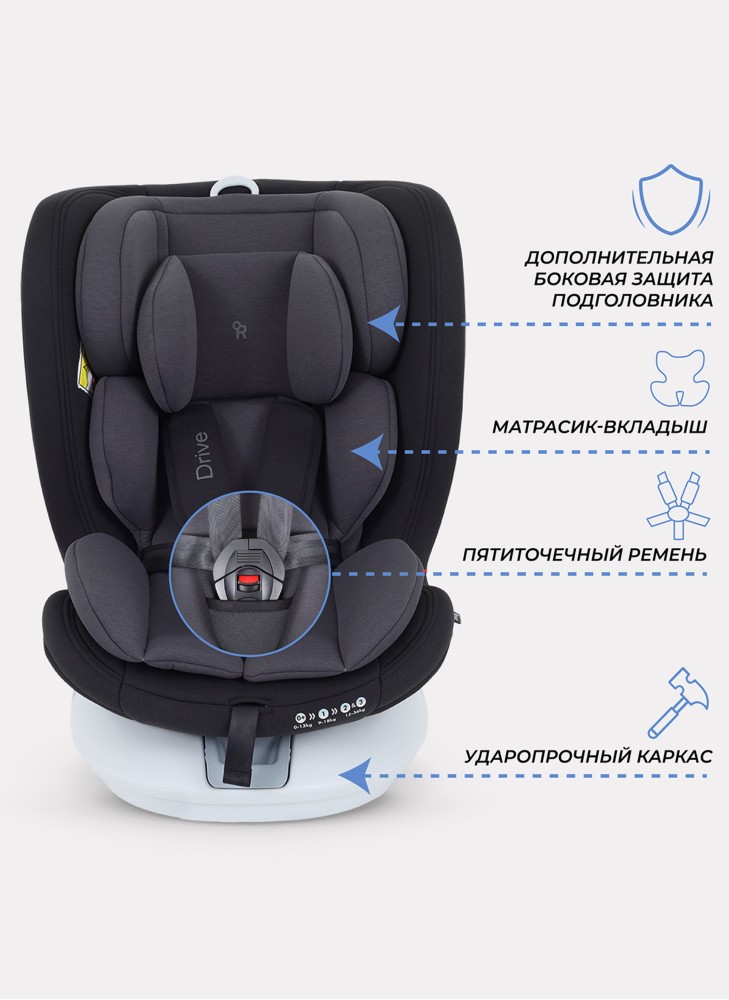 Детское автокресло Rant Drive Isofix для роста 40-150 см | Серое | Группа 0-1-2-3 (0 - 36 кг) | С поворотной базой на 360