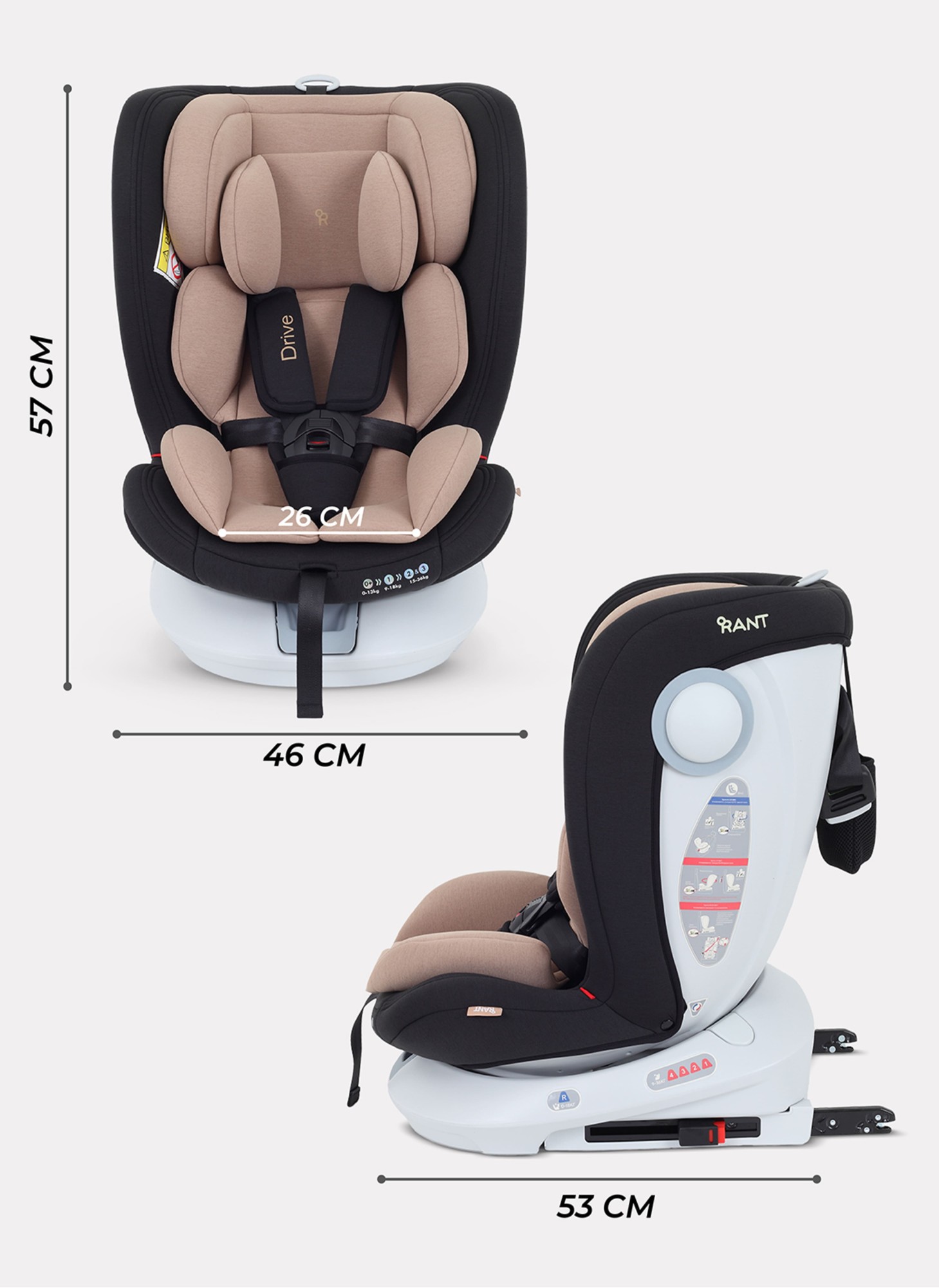Детское автокресло Rant Drive Isofix для роста 40-150 см | Бежевое | Группа 0-1-2-3 (0 - 36 кг) | С поворотной базой на 360