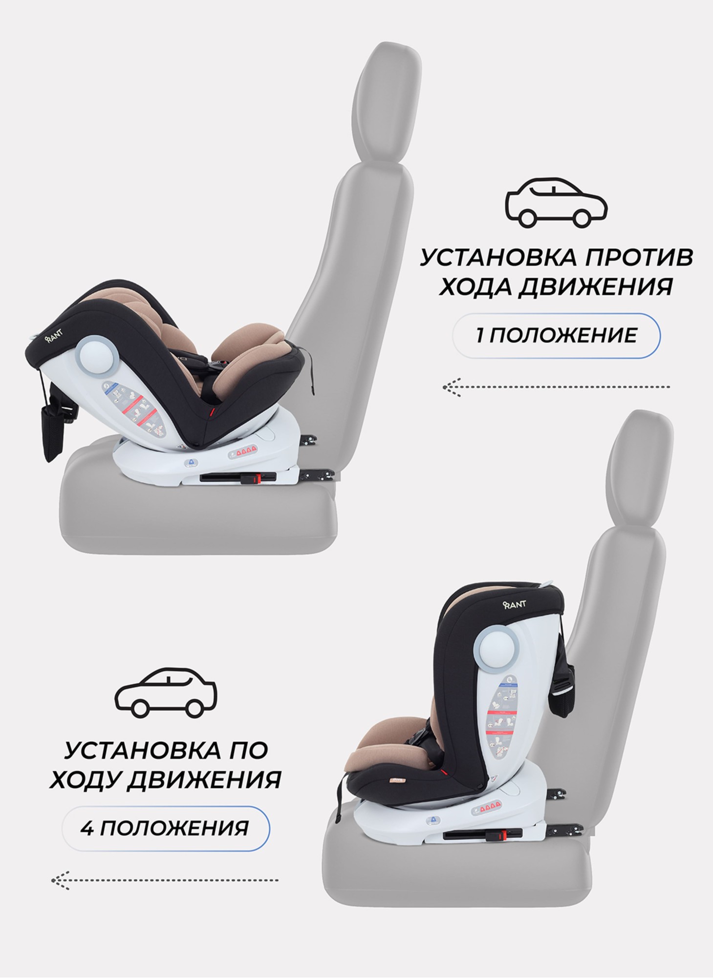 Детское автокресло Rant Drive Isofix для роста 40-150 см | Бежевое | Группа 0-1-2-3 (0 - 36 кг) | С поворотной базой на 360