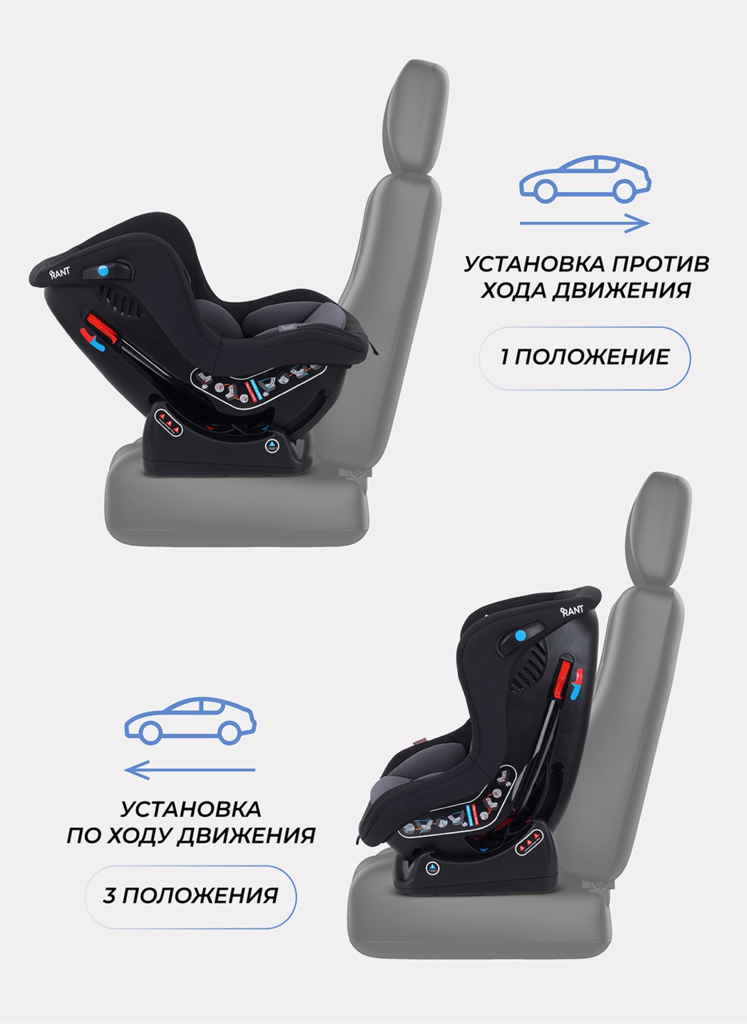 Детское автокресло группы 0-1 Rant Pilot | 0-18 кг | С рождения до 4 лет | Для роста ребенка 40 - 105 см | Цвет серый