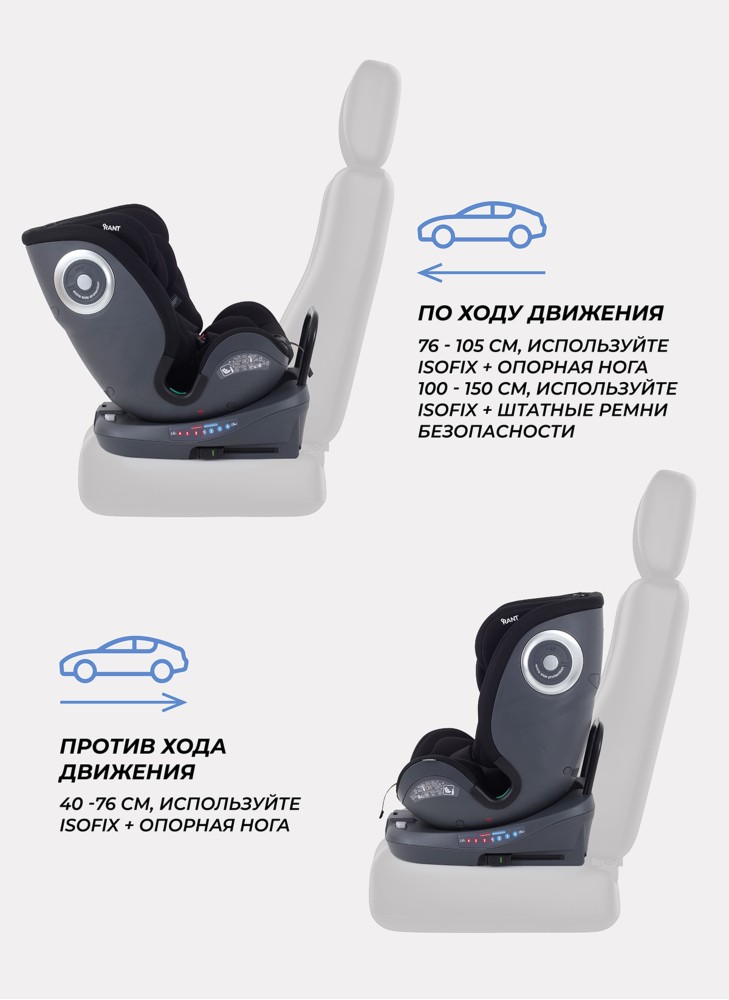 Детское автокресло Rant MultiFix с креплением Isofix | Рост детей 40-150 см | Черное | Группа 0-1-2-3 (0 - 36 кг) | С поворотной базой на 360