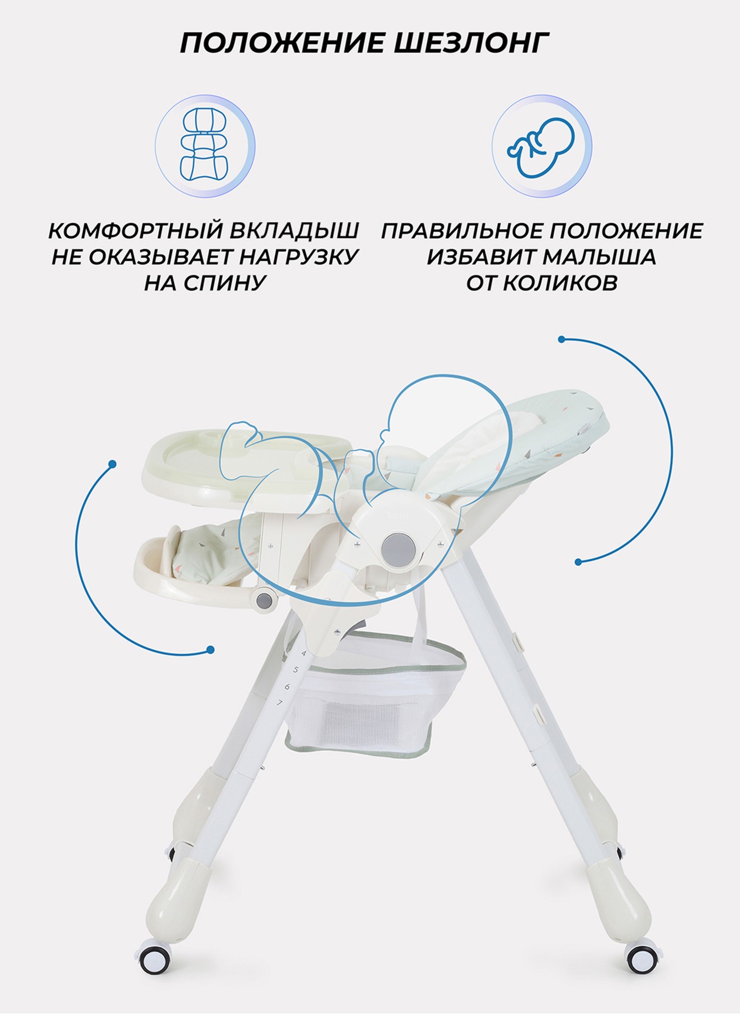 Детский стульчик для кормления Rant Cream 2024 с колесиками и стопором колес, со съемной столешницей | 7 положений по высоте | Цвет - зеленый