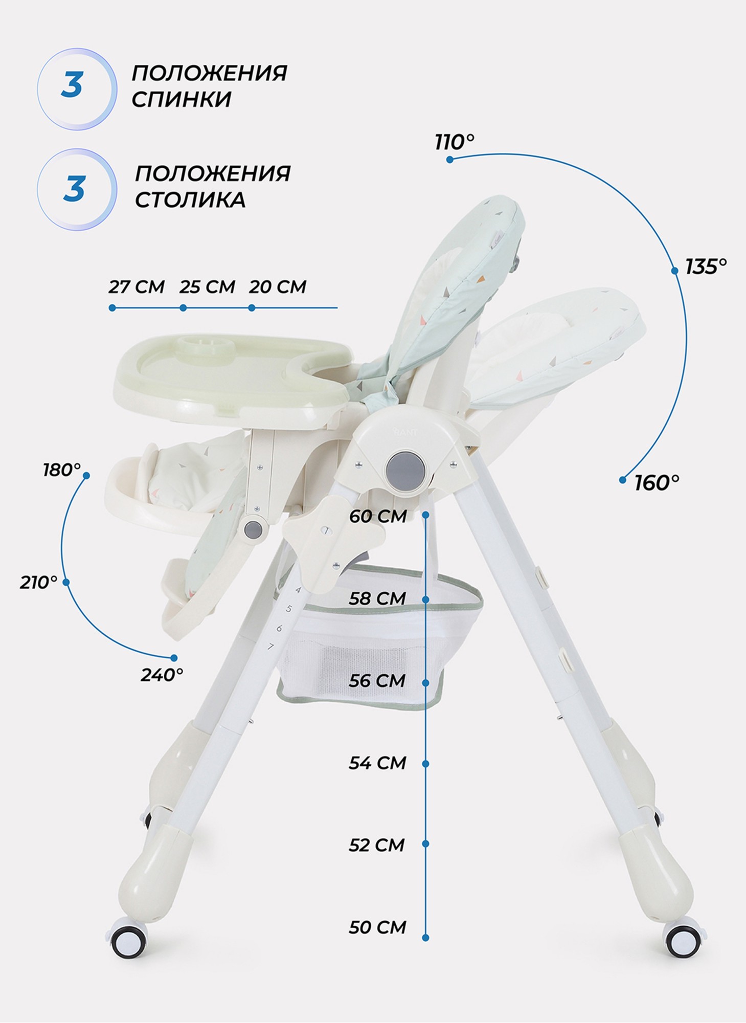 Детский стульчик для кормления Rant Cream 2024 с колесиками и стопором колес, со съемной столешницей | 7 положений по высоте | Цвет - зеленый