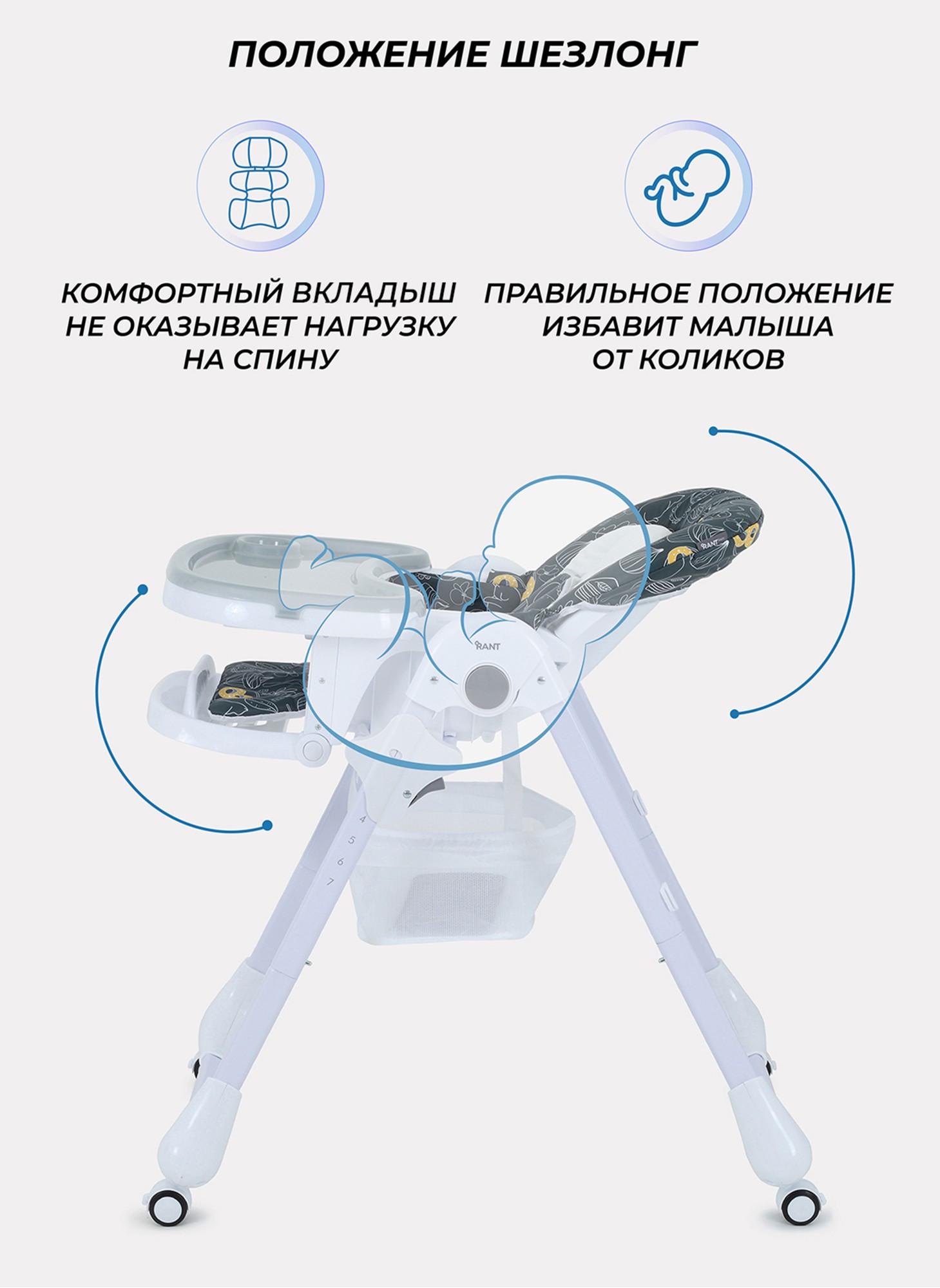 Детский стульчик для кормления Rant Cream 2024 с колесиками и стопором колес, со съемной столешницей | 7 положений по высоте | Цвет - графитовый