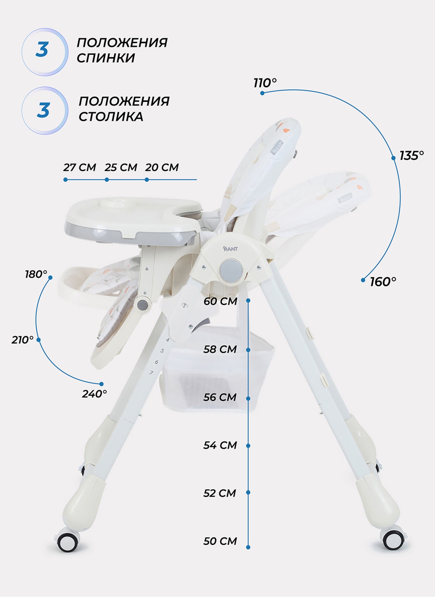 Детский стульчик для кормления Rant Cream 2024 с колесиками и стопором колес, со съемной столешницей | 7 положений по высоте | Цвет - молочный