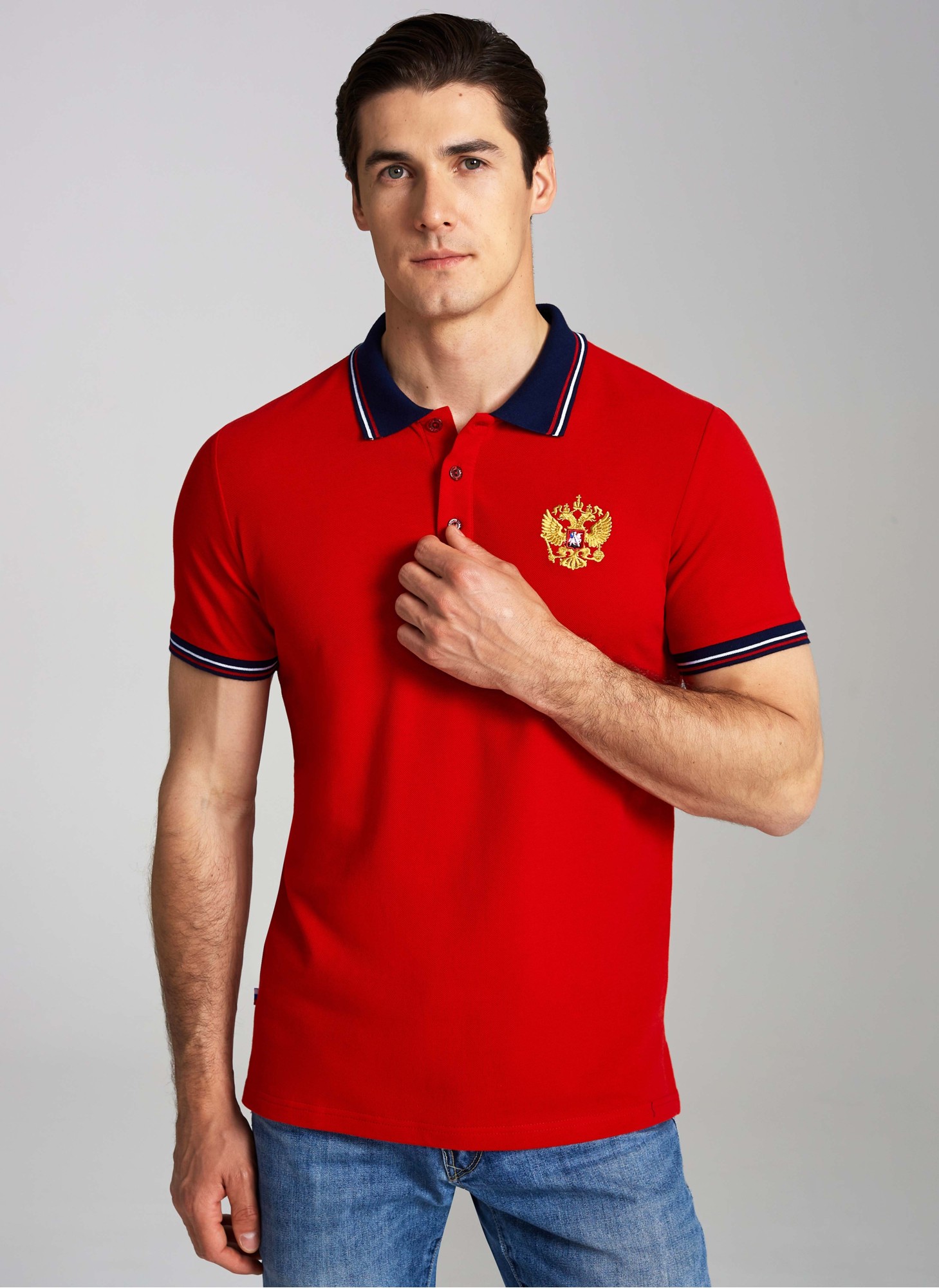 Красная футболка поло RED-N-ROCK'S с гербом России на груди
