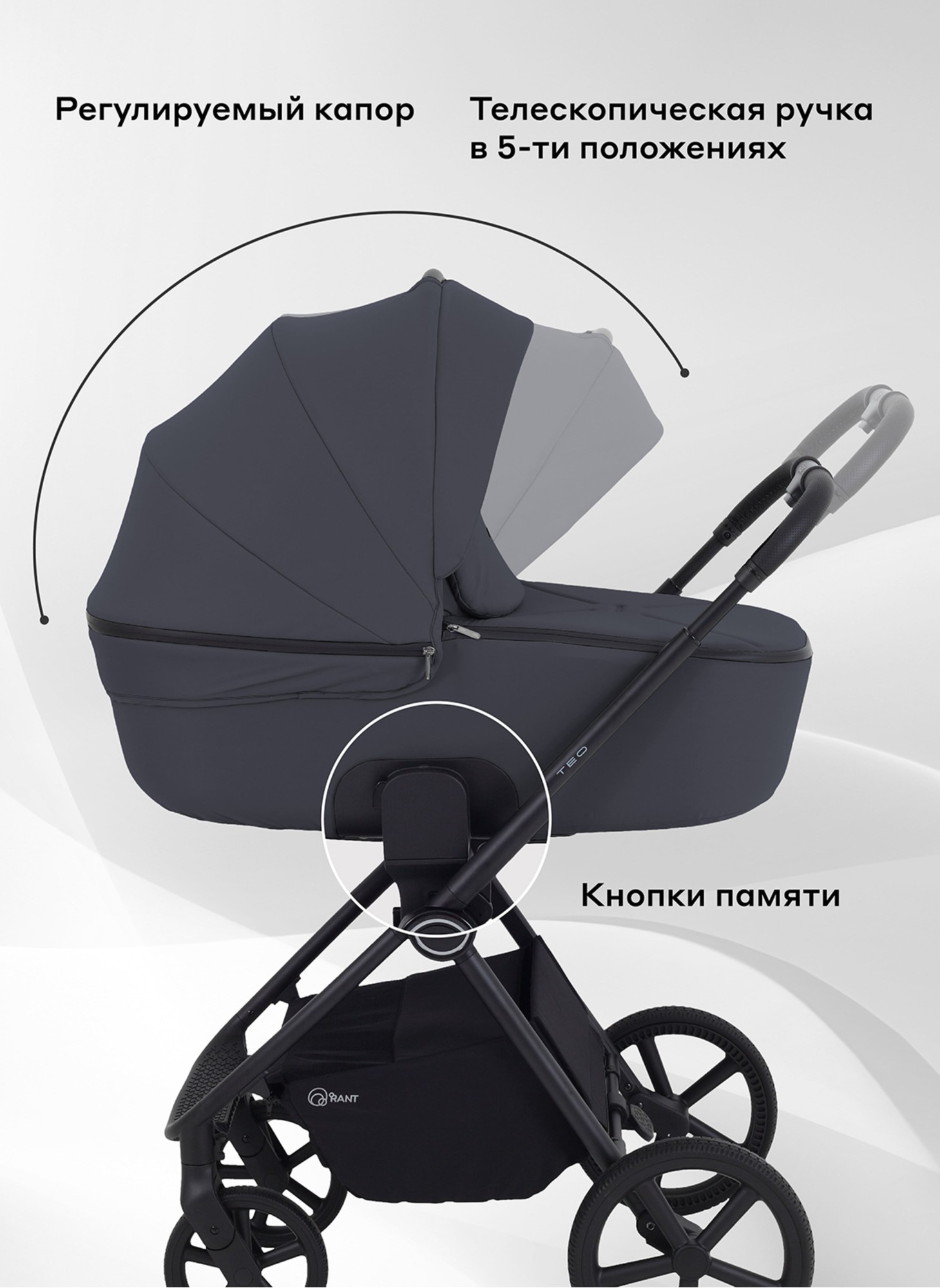 Rant Teo | Детская коляска 2 в 1 с амортизацией | Люлька и прогулочный реверсивный блок | Передние колеса - поворотные  с фиксацией передних | Цвет - графитовый