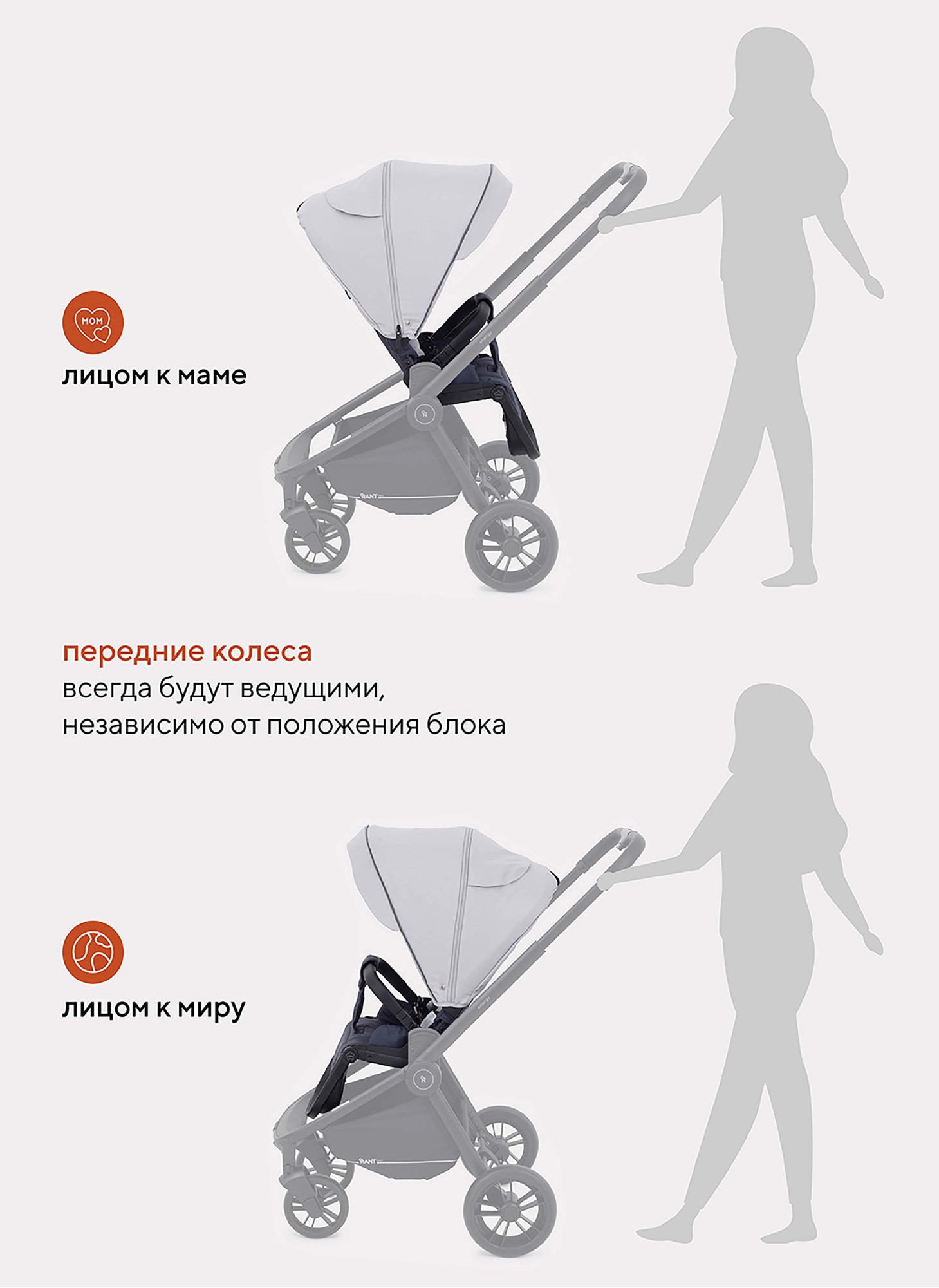 Rant Basic Energy коляска прогулочная серая с реверсивным блоком, с амортизацией и поворотными колесами, складная