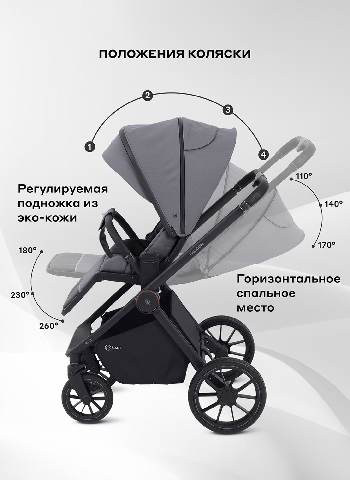 Детская коляска 2 в 1 Rant Falcon Neo с пружинной амортизацией всех колес | Резиновые колеса, передние - поворотные с фиксацией прямолинейного движения | Цвет коляски - серый