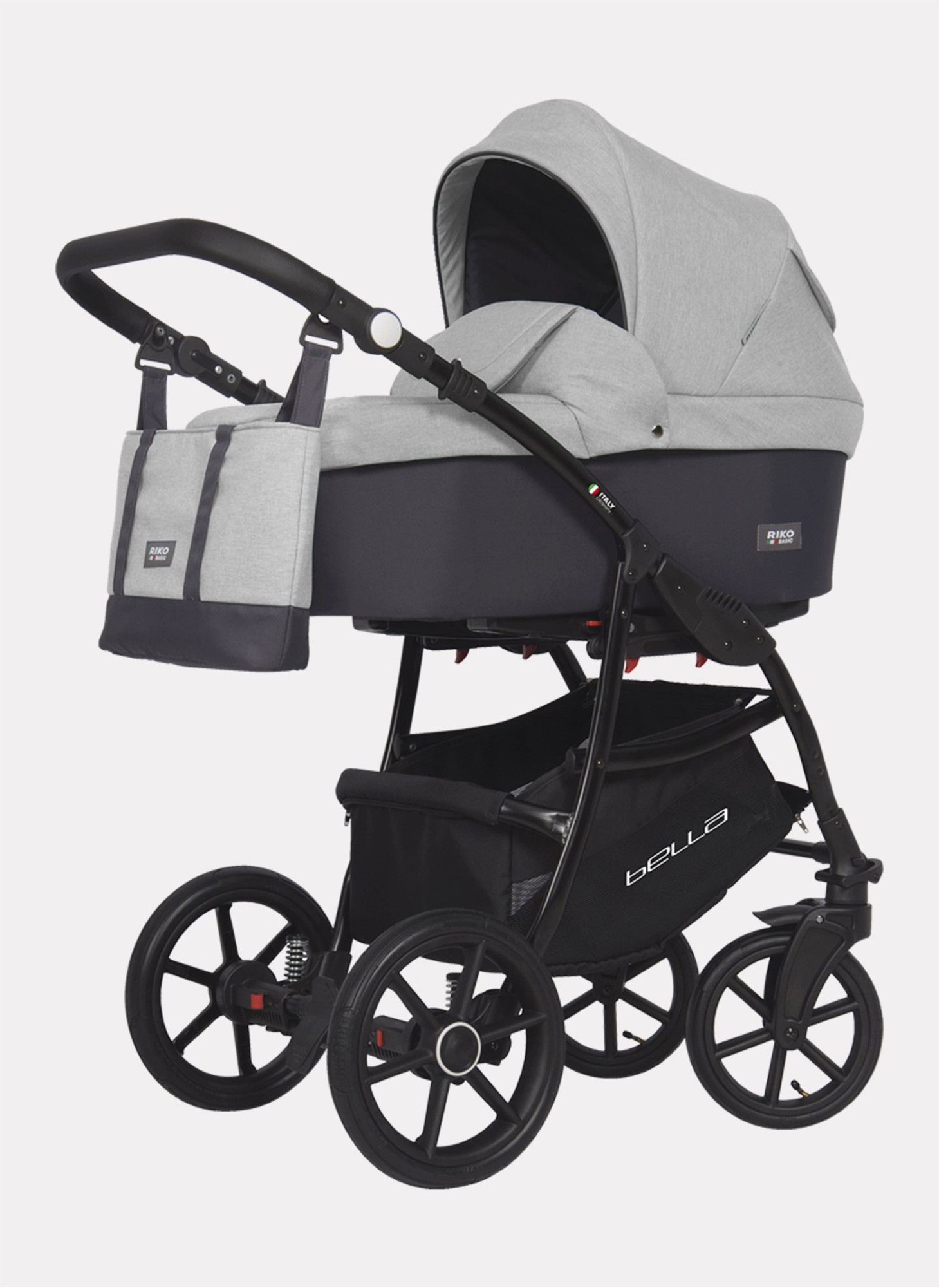 Детская коляска 2 в 1 Riko Basic Montana Bella 01 с реверсивным прогулочным блоком | Регулируемая амортизация | Передние поворачиваемые надувные колеса | Цвет - серый