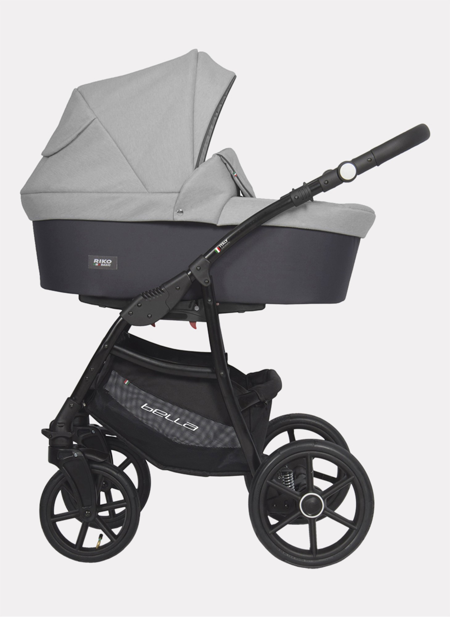 Детская коляска 2 в 1 Riko Basic Montana Bella 01 с реверсивным прогулочным блоком | Регулируемая амортизация | Передние поворачиваемые надувные колеса | Цвет - серый