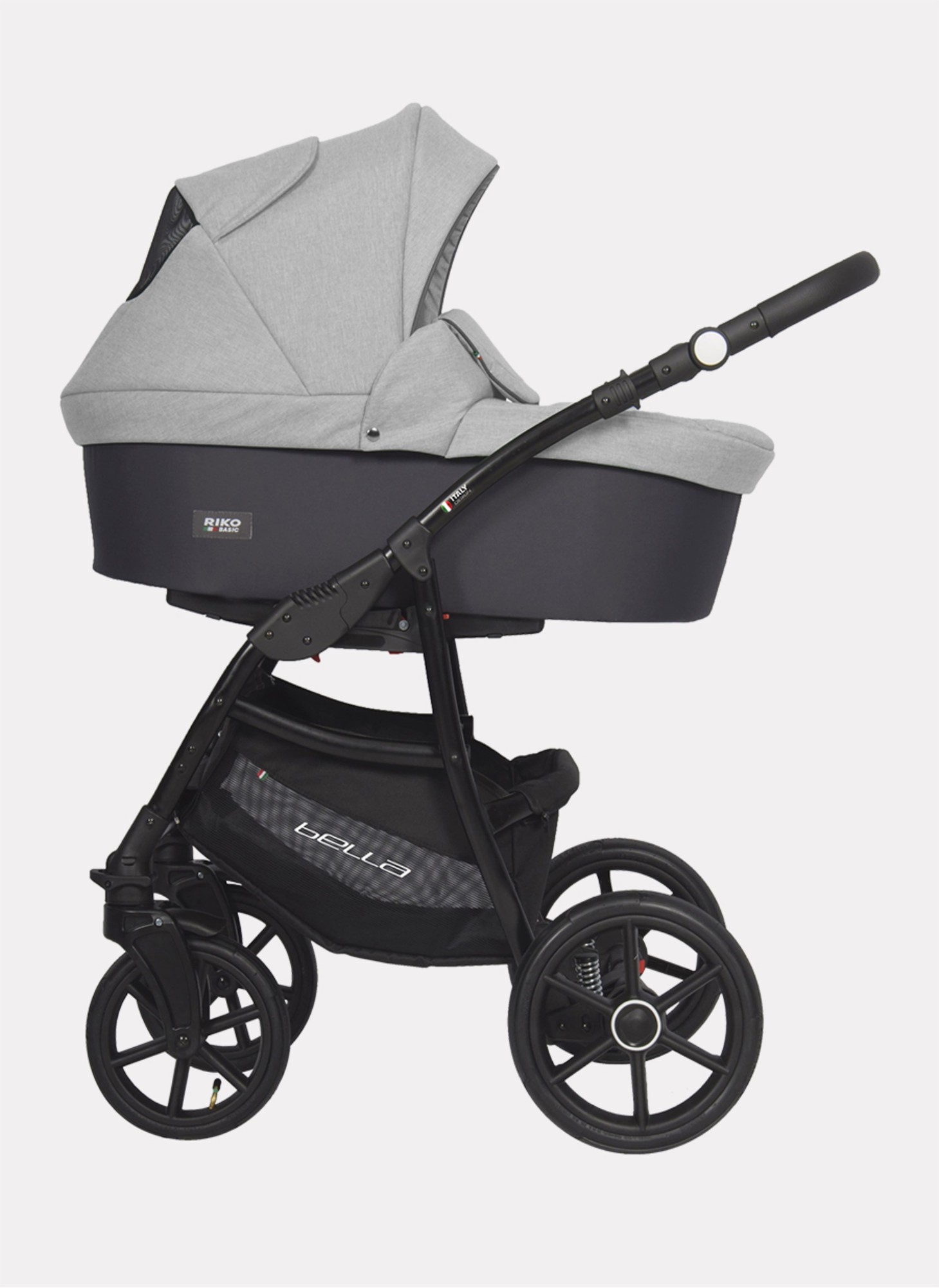 Детская коляска 2 в 1 Riko Basic Montana Bella 01 с реверсивным прогулочным блоком | Регулируемая амортизация | Передние поворачиваемые надувные колеса | Цвет - серый