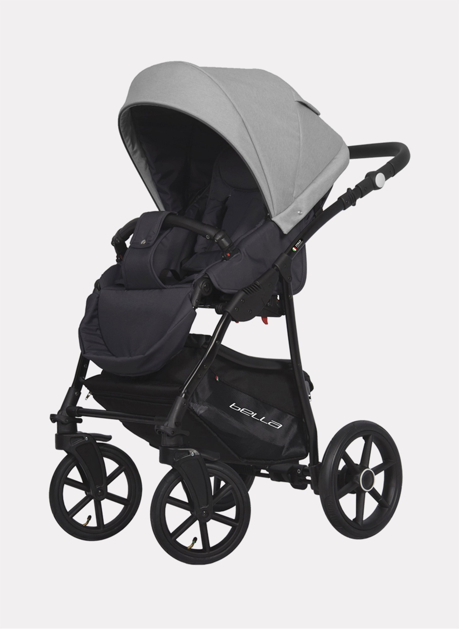 Детская коляска 2 в 1 Riko Basic Montana Bella 01 с реверсивным прогулочным блоком | Регулируемая амортизация | Передние поворачиваемые надувные колеса | Цвет - серый