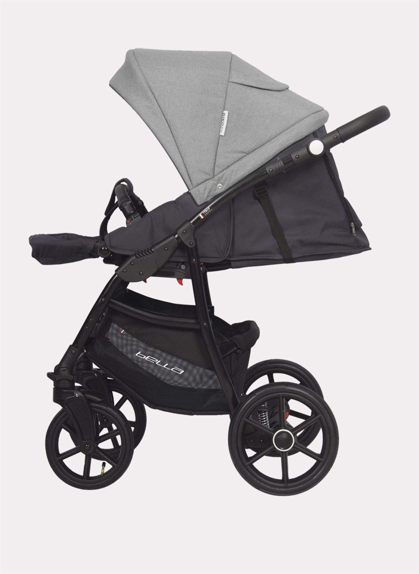 Детская коляска 2 в 1 Riko Basic Montana Bella 01 с реверсивным прогулочным блоком | Регулируемая амортизация | Передние поворачиваемые надувные колеса | Цвет - серый