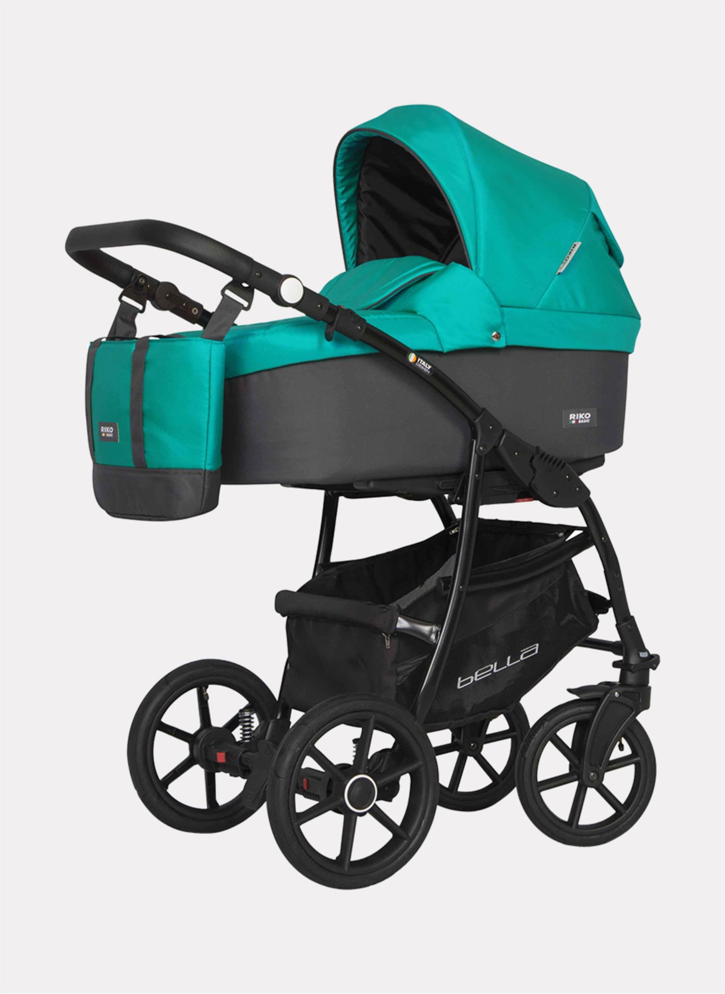 Детская коляска 2 в 1 Riko Basic Bella 03 с реверсивным прогулочным блоком | Регулируемая амортизация | Передние поворачиваемые надувные колеса | Цвет - серый и зеленый