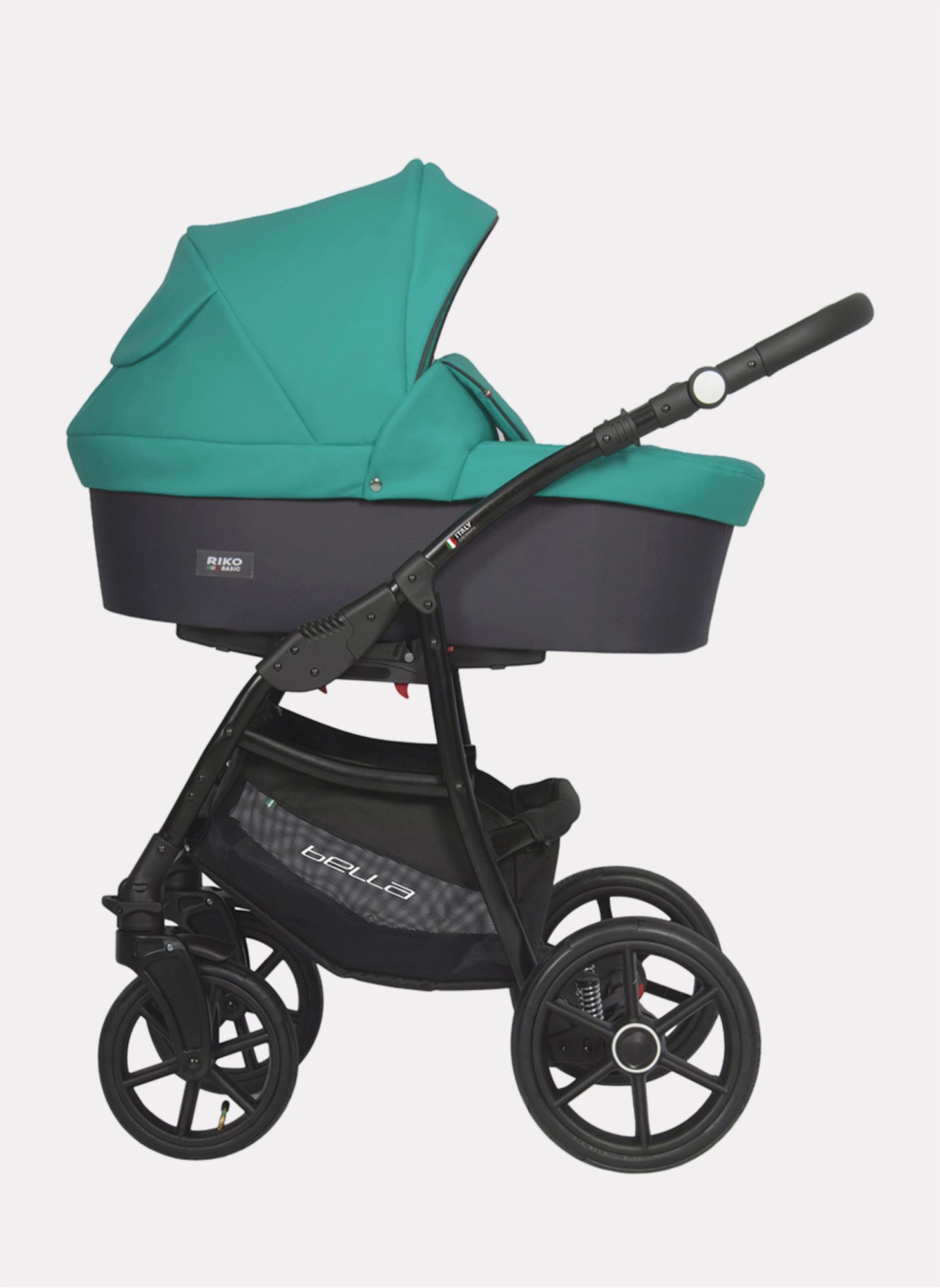 Детская коляска 2 в 1 Riko Basic Bella 03 с реверсивным прогулочным блоком | Регулируемая амортизация | Передние поворачиваемые надувные колеса | Цвет - серый и зеленый