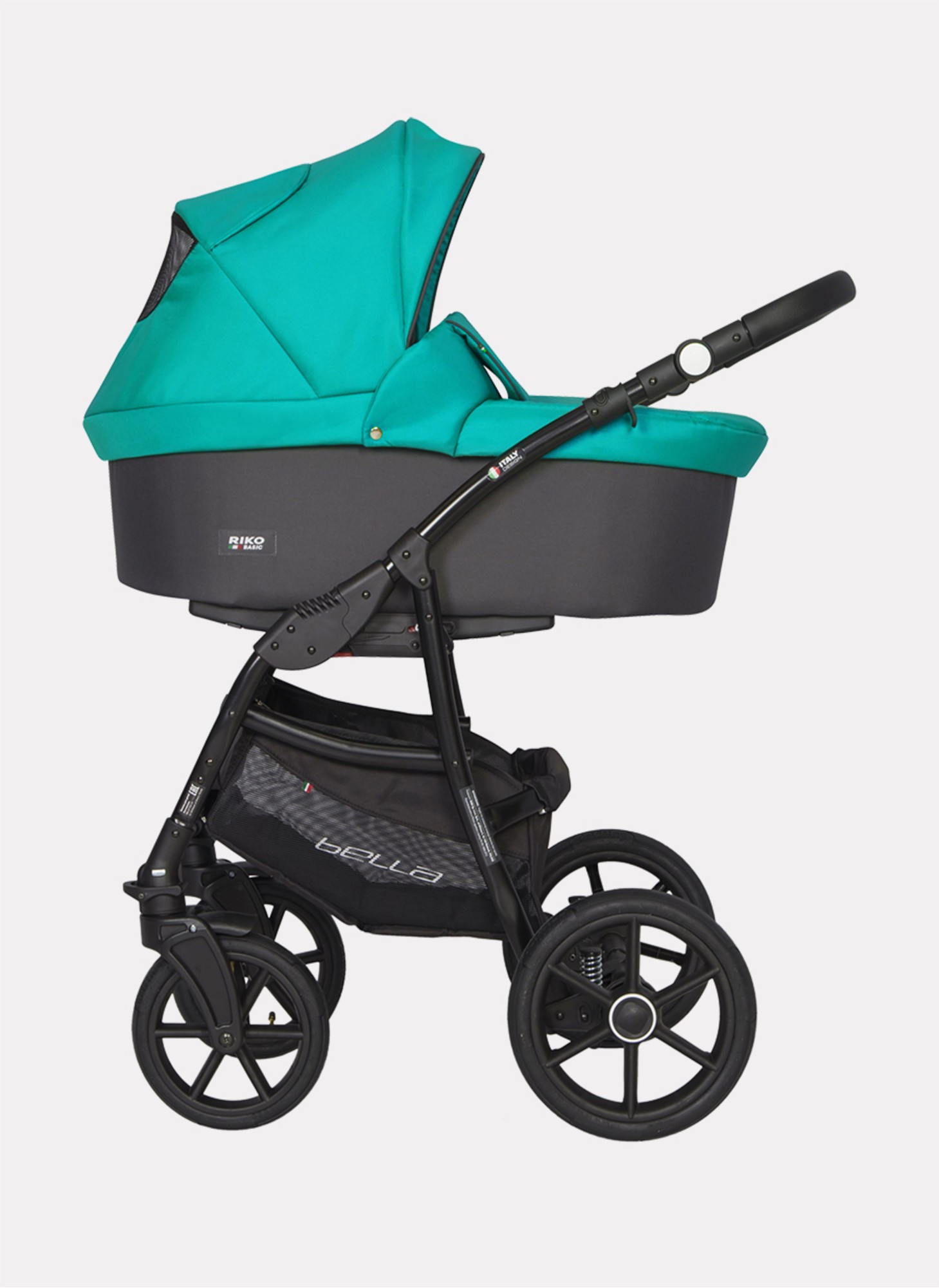 Детская коляска 2 в 1 Riko Basic Bella 03 с реверсивным прогулочным блоком | Регулируемая амортизация | Передние поворачиваемые надувные колеса | Цвет - серый и зеленый