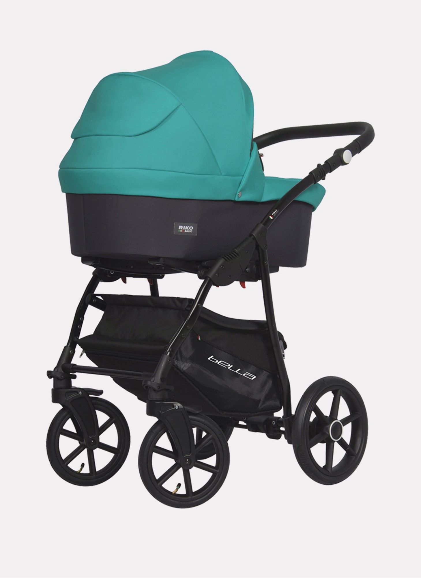 Детская коляска 2 в 1 Riko Basic Bella 03 с реверсивным прогулочным блоком | Регулируемая амортизация | Передние поворачиваемые надувные колеса | Цвет - серый и зеленый