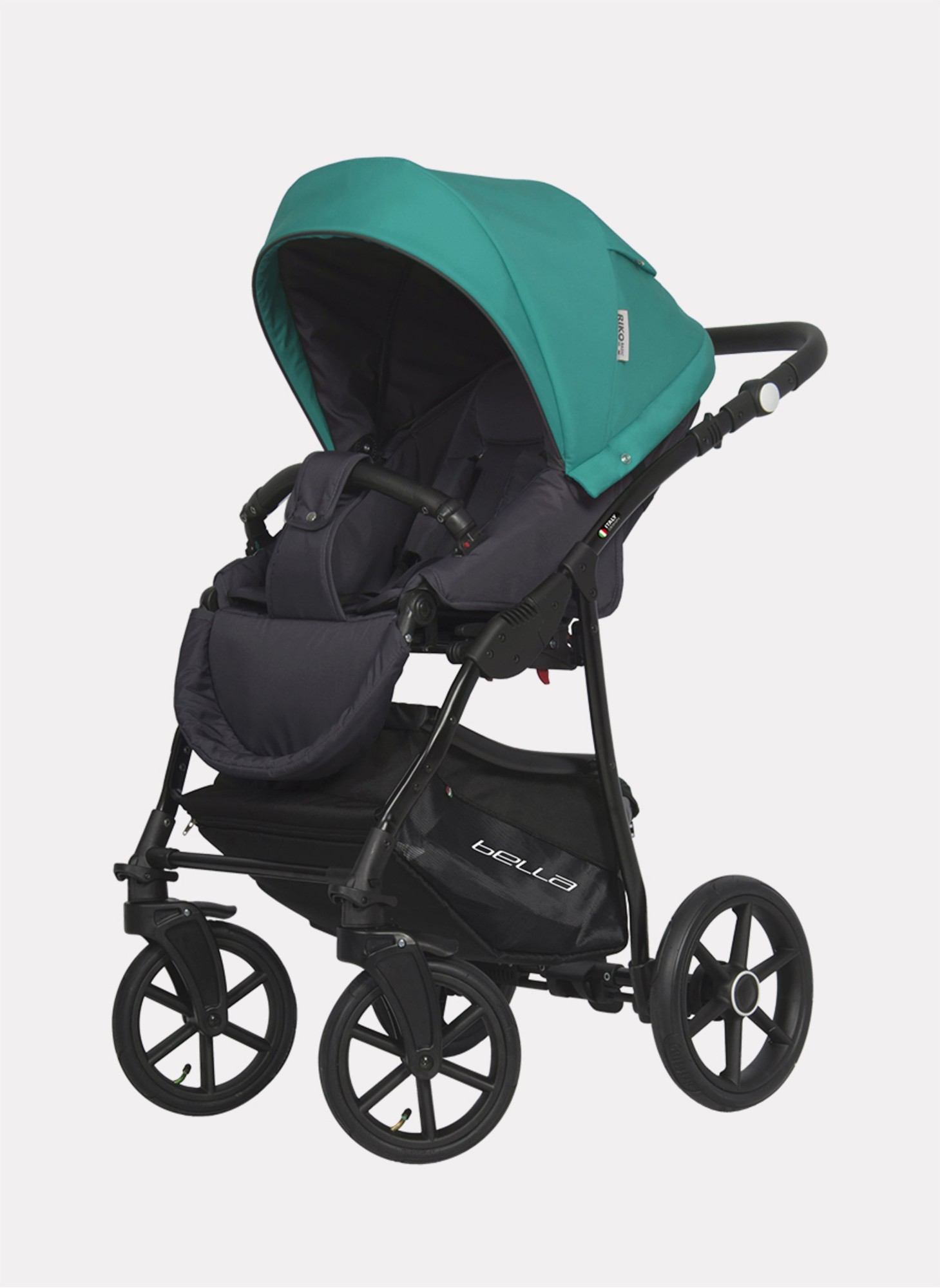 Детская коляска 2 в 1 Riko Basic Bella 03 с реверсивным прогулочным блоком | Регулируемая амортизация | Передние поворачиваемые надувные колеса | Цвет - серый и зеленый