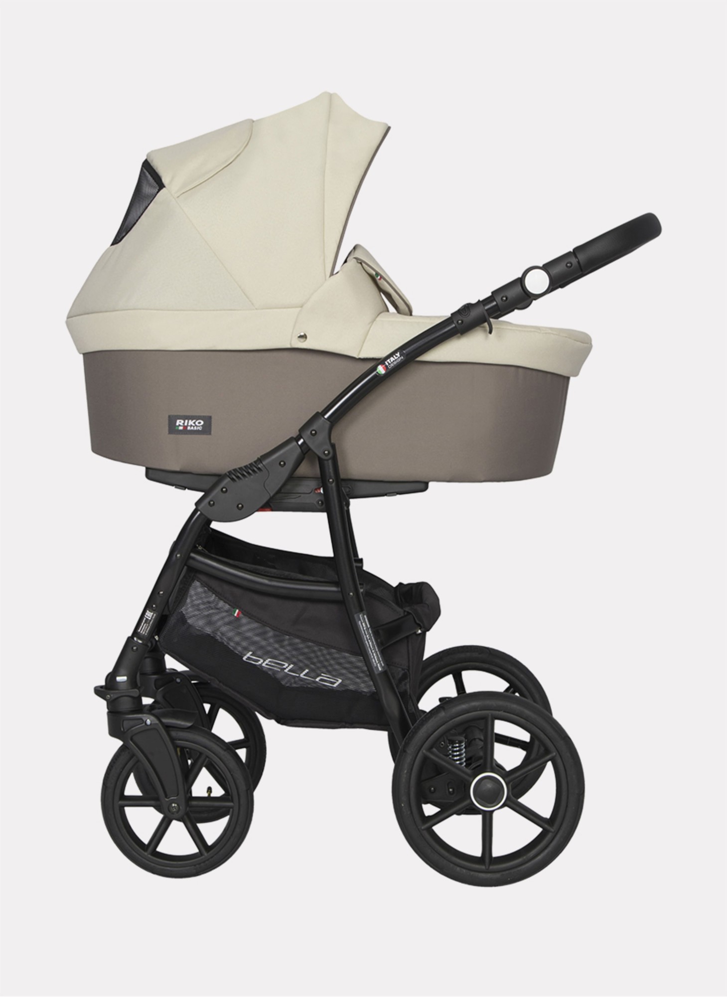Детская коляска 2 в 1 Riko Basic Bella 06 с реверсивным прогулочным блоком | Регулируемая амортизация | Передние поворачиваемые надувные колеса | Цвет - Бежевый