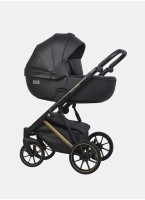 Детская коляска 2 в 1 Riko Basic Montana Premium Gold 02 из экокожи | Реверсивный прогулочный блок | Регулируемая амортизация | Передние поворачиваемые колеса из резины | Цвет - черный