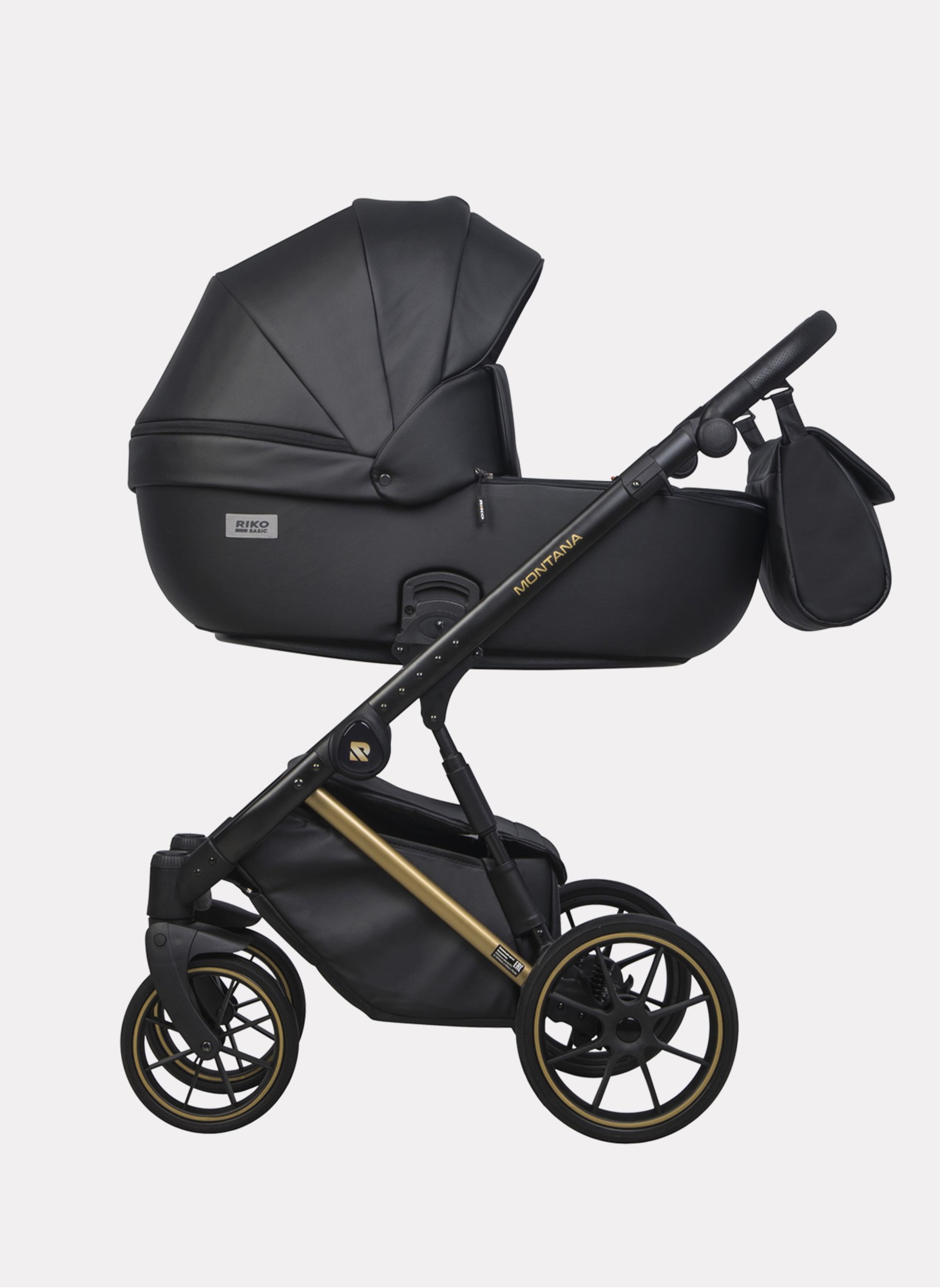 Детская коляска 2 в 1 Riko Basic Montana Premium Gold 02 из экокожи | Реверсивный прогулочный блок | Регулируемая амортизация | Передние поворачиваемые колеса из резины | Цвет - черный