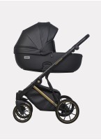 Детская коляска 2 в 1 Riko Basic Montana Premium Gold 02 из экокожи | Реверсивный прогулочный блок | Регулируемая амортизация | Передние поворачиваемые колеса из резины | Цвет - черный