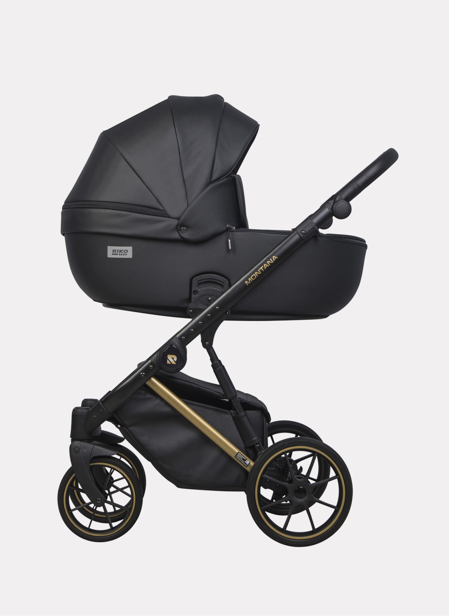 Детская коляска 2 в 1 Riko Basic Montana Premium Gold 02 из экокожи | Реверсивный прогулочный блок | Регулируемая амортизация | Передние поворачиваемые колеса из резины | Цвет - черный