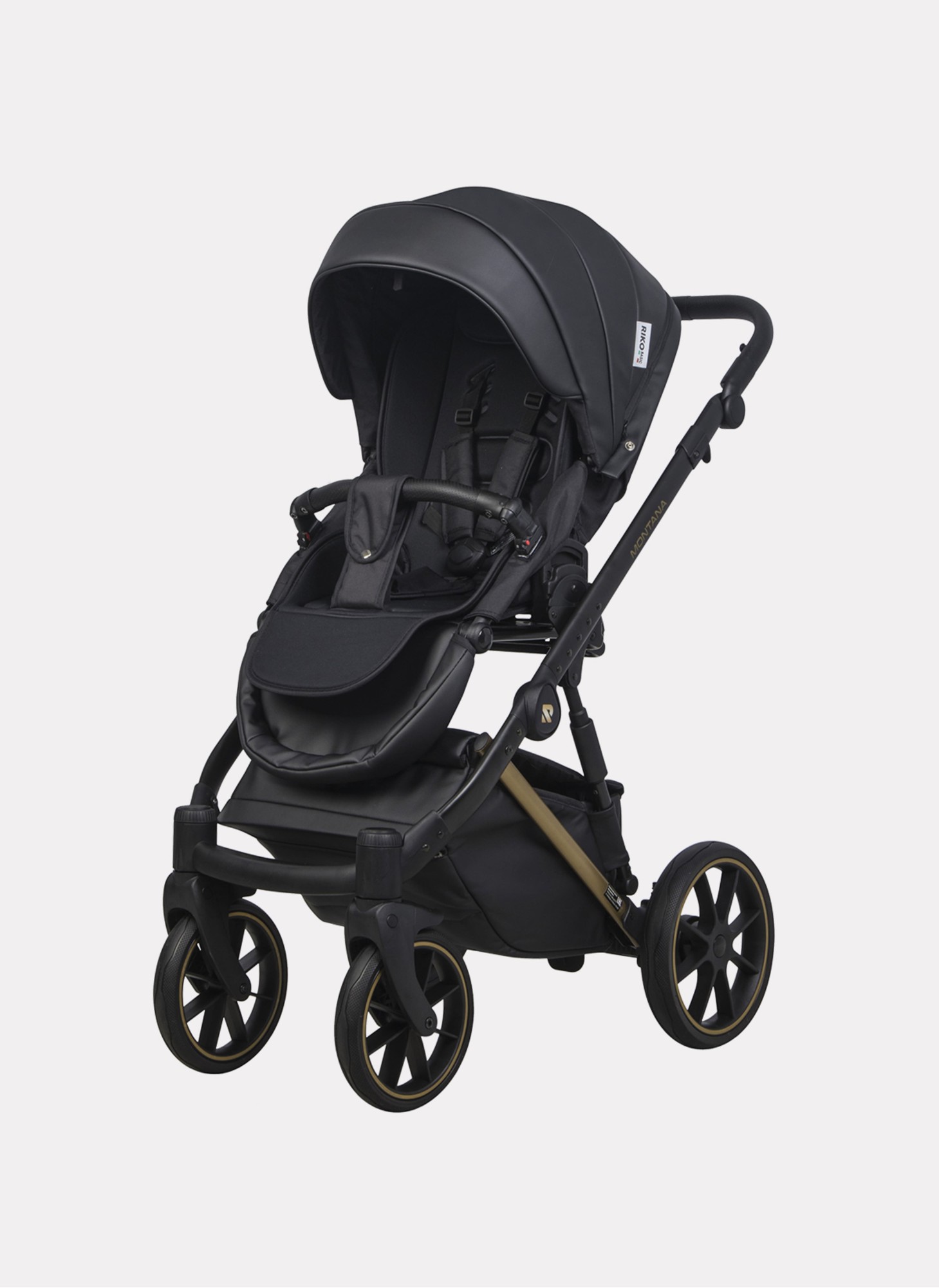 Детская коляска 2 в 1 Riko Basic Montana Premium Gold 02 из экокожи | Реверсивный прогулочный блок | Регулируемая амортизация | Передние поворачиваемые колеса из резины | Цвет - черный
