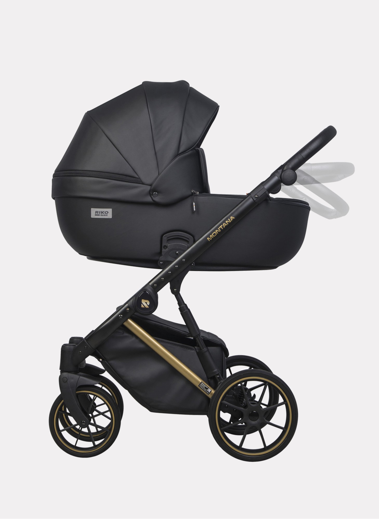 Детская коляска 2 в 1 Riko Basic Montana Premium Gold 02 из экокожи | Реверсивный прогулочный блок | Регулируемая амортизация | Передние поворачиваемые колеса из резины | Цвет - черный