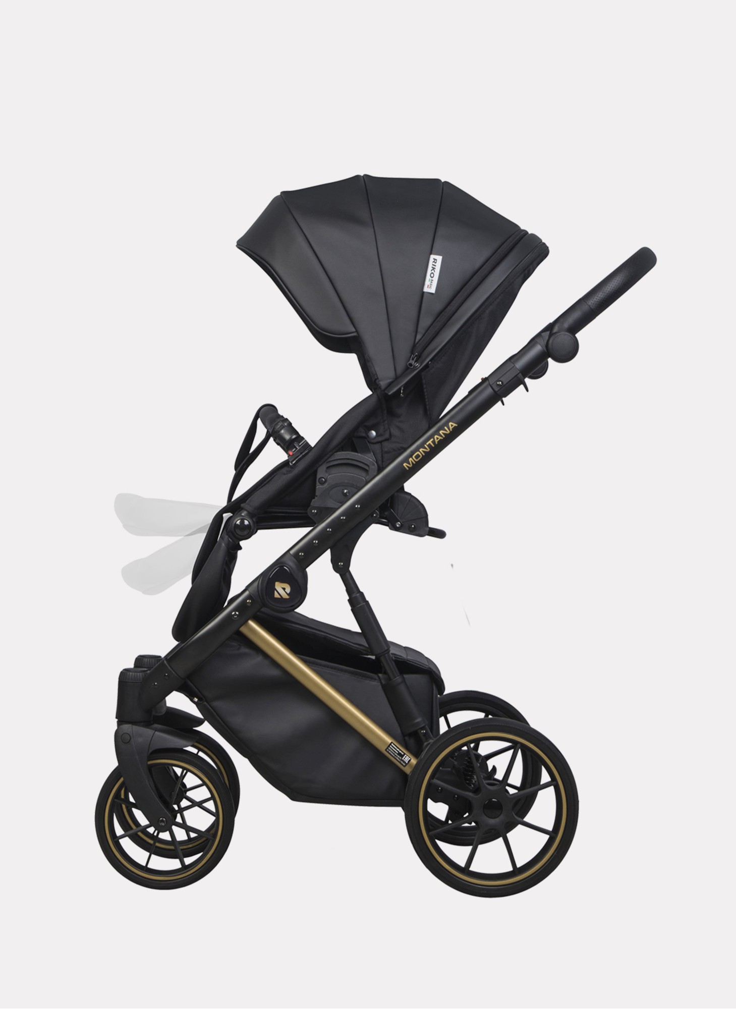 Детская коляска 2 в 1 Riko Basic Montana Premium Gold 02 из экокожи | Реверсивный прогулочный блок | Регулируемая амортизация | Передние поворачиваемые колеса из резины | Цвет - черный