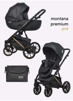 Детская коляска 2 в 1 Riko Basic Montana Premium Gold 02 из экокожи | Реверсивный прогулочный блок | Регулируемая амортизация | Передние поворачиваемые колеса из резины | Цвет - черный