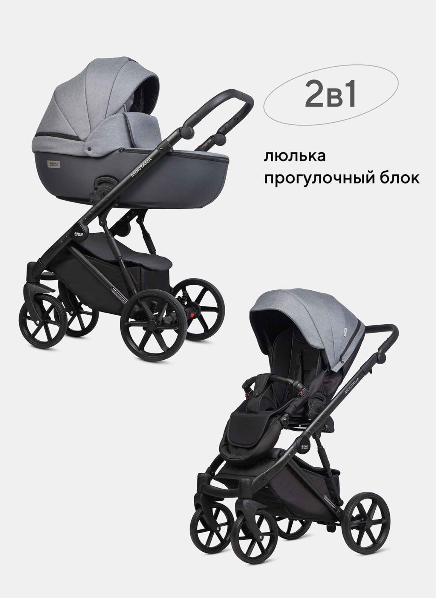 Детская коляска 2 в 1 Riko Basic Montana Plus | Реверсивный прогулочный блок | Регулируемая амортизация | Передние поворачиваемые колеса из вспененной резины | Цвет - графитовый