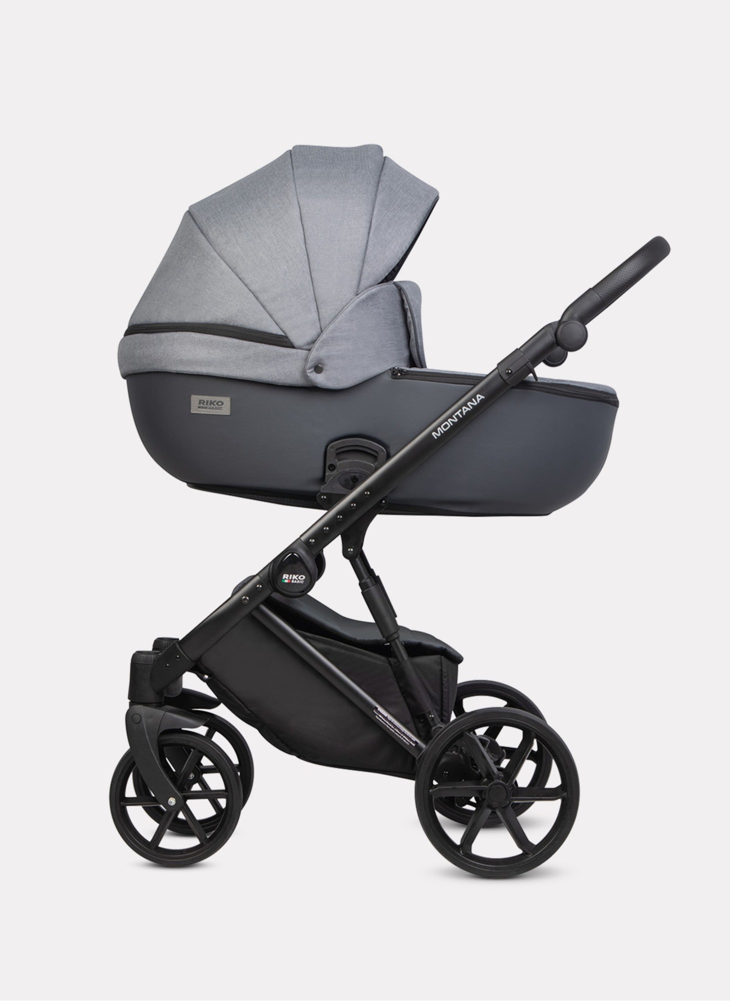 Детская коляска 2 в 1 Riko Basic Montana Plus | Реверсивный прогулочный блок | Регулируемая амортизация | Передние поворачиваемые колеса из вспененной резины | Цвет - графитовый