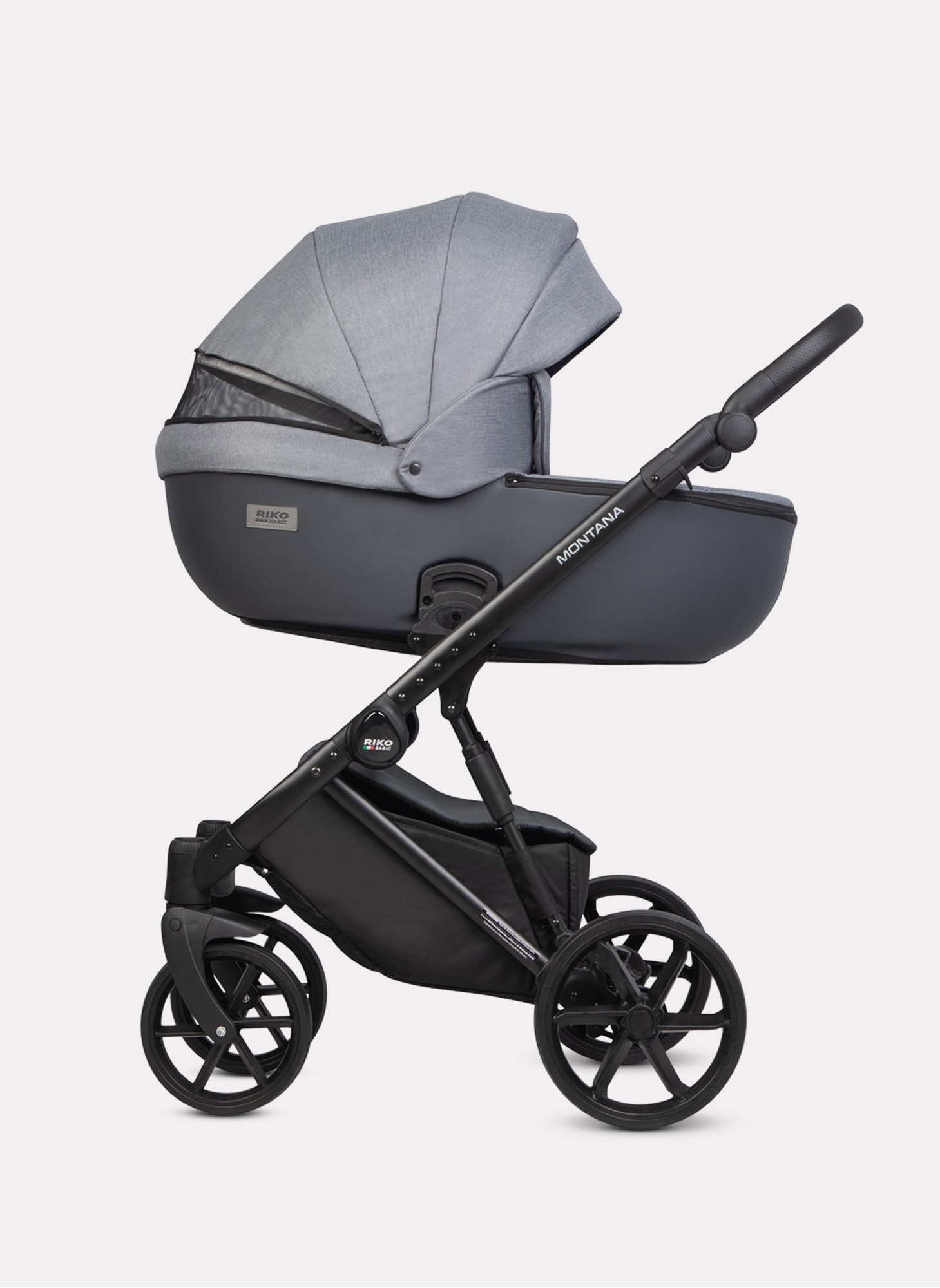 Детская коляска 2 в 1 Riko Basic Montana Plus | Реверсивный прогулочный блок | Регулируемая амортизация | Передние поворачиваемые колеса из вспененной резины | Цвет - графитовый