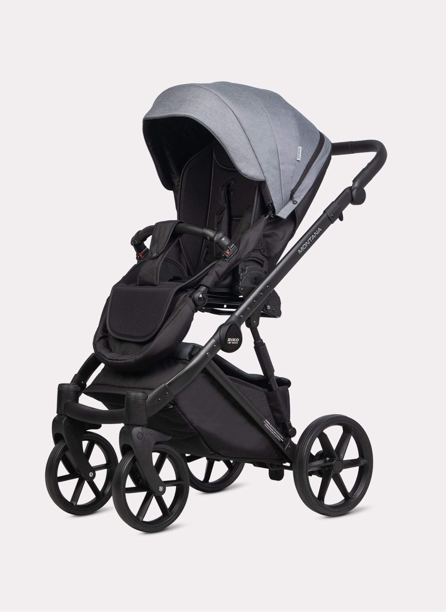 Детская коляска 2 в 1 Riko Basic Montana Plus | Реверсивный прогулочный блок | Регулируемая амортизация | Передние поворачиваемые колеса из вспененной резины | Цвет - графитовый