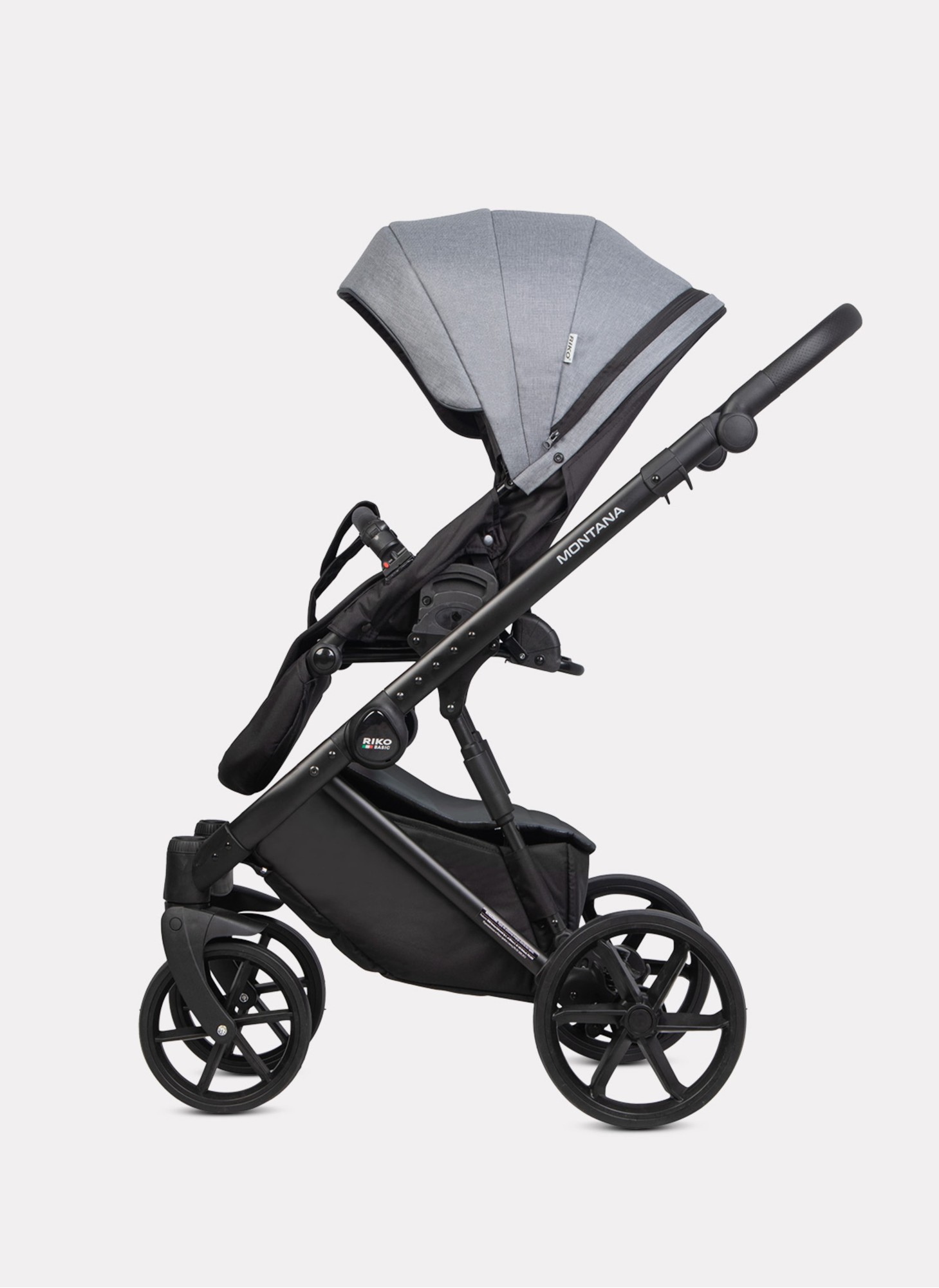 Детская коляска 2 в 1 Riko Basic Montana Plus | Реверсивный прогулочный блок | Регулируемая амортизация | Передние поворачиваемые колеса из вспененной резины | Цвет - графитовый