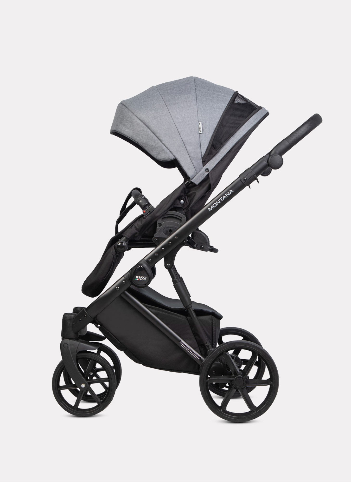 Детская коляска 2 в 1 Riko Basic Montana Plus | Реверсивный прогулочный блок | Регулируемая амортизация | Передние поворачиваемые колеса из вспененной резины | Цвет - графитовый