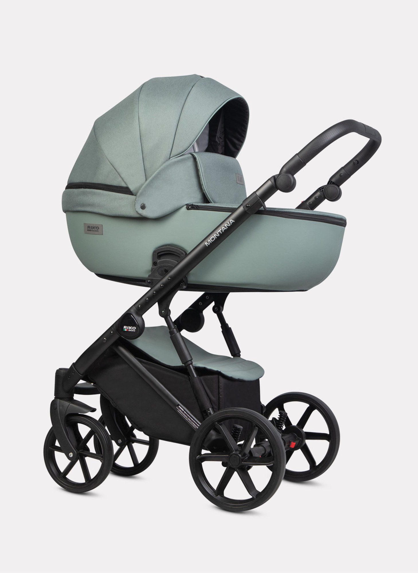 Детская коляска 2 в 1 Riko Basic Montana Plus | Реверсивный прогулочный блок | Регулируемая амортизация | Передние поворачиваемые колеса из вспененной резины | Цвет - зеленый